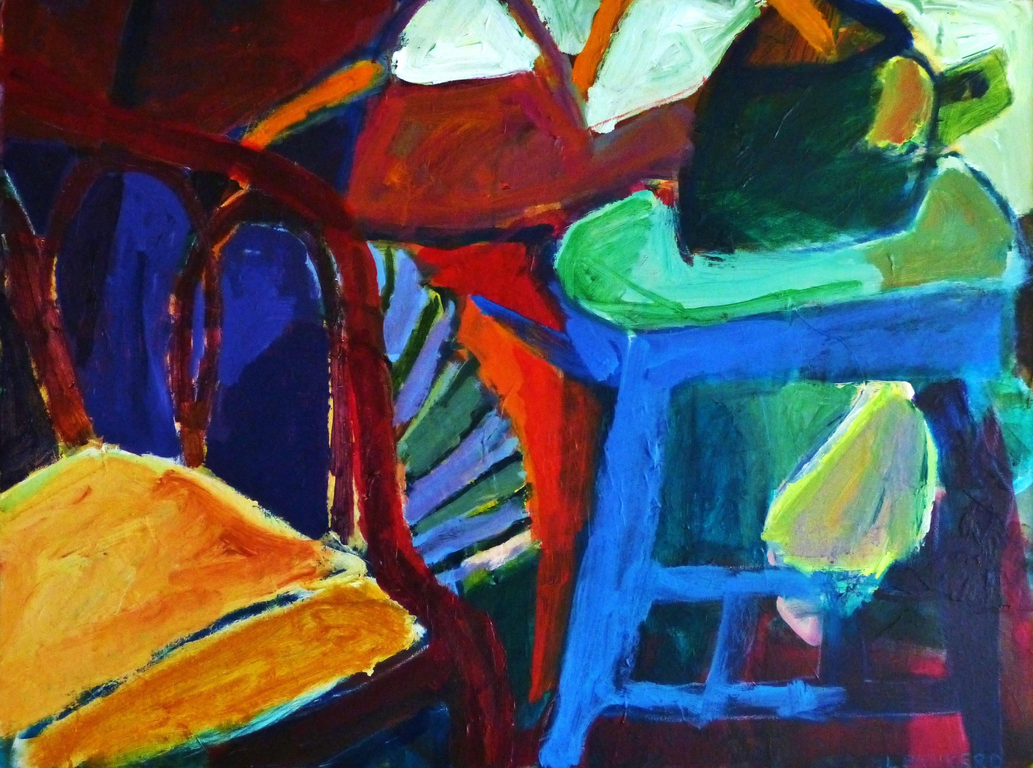 Linda Bankerd Abstract Painting - Bamboo chair with Tea Pots, Acrylic Painting on Canvas