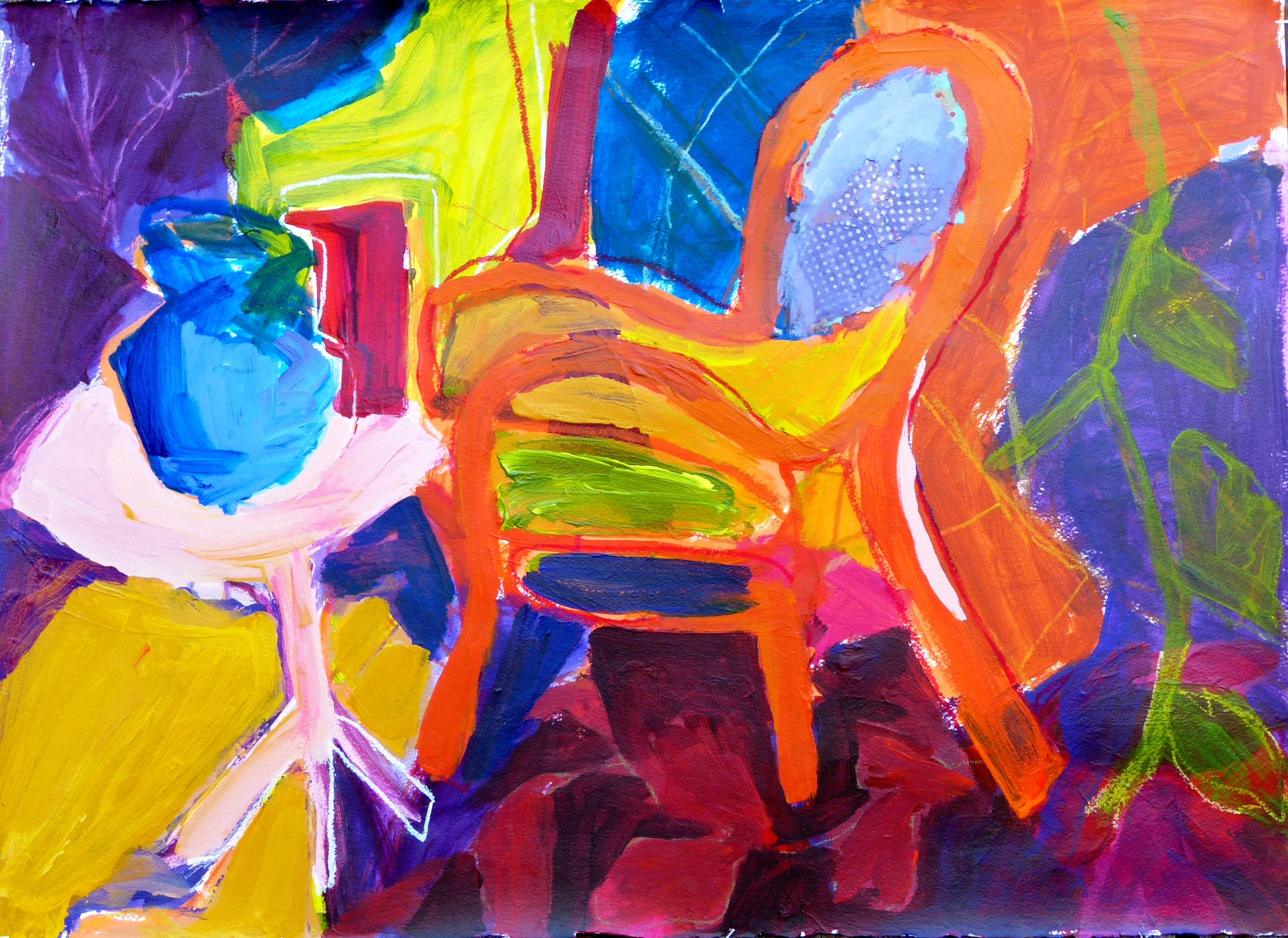Linda Bankerd Abstract Painting - Interior with Orange Chair, Painting, Acrylic on Paper
