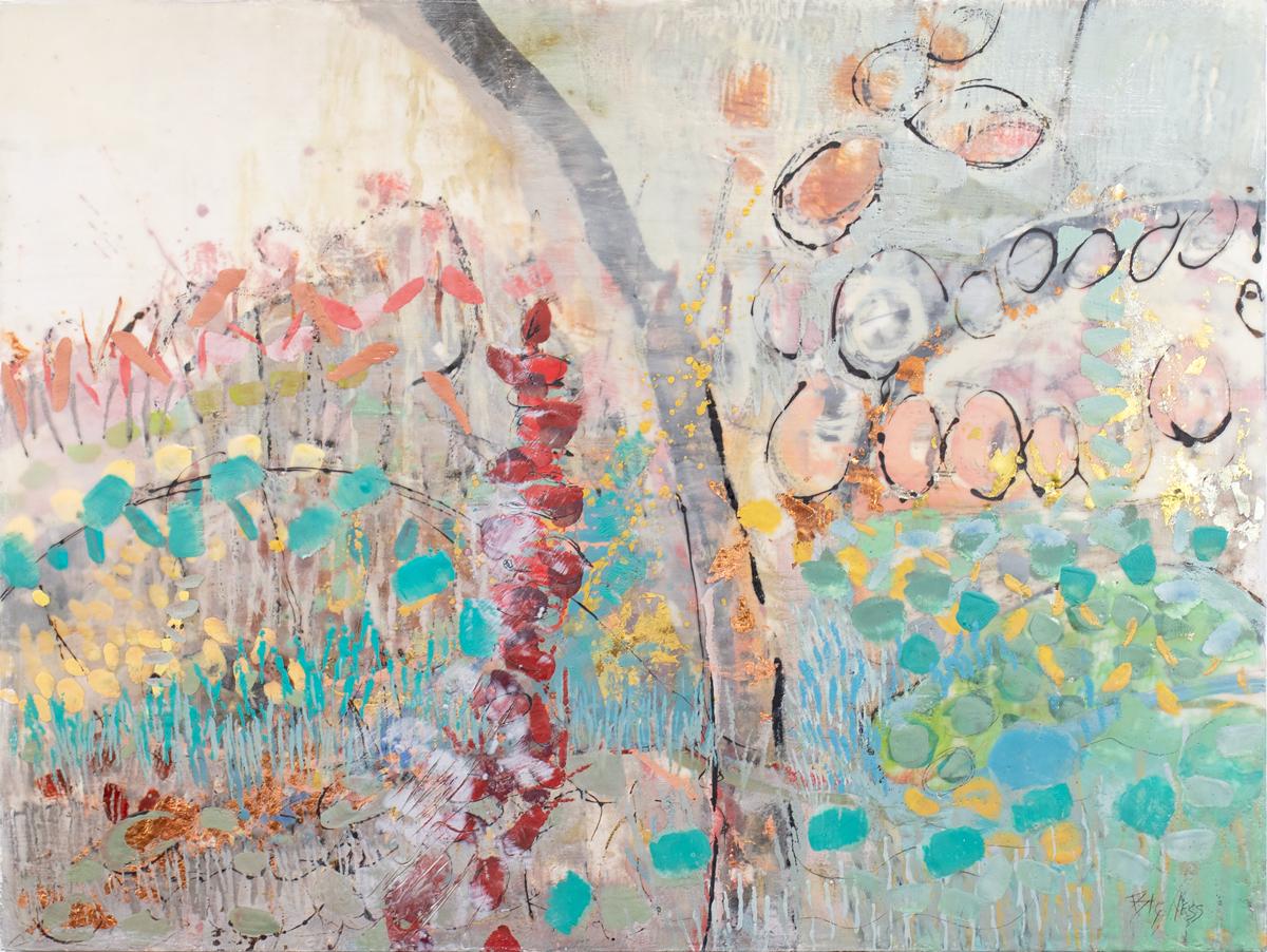 This is an abstract encaustic painting by Linda Bigness with silver and gold leaf on board with neutral sides. The painting features a multicolored palette with vibrant teal, red, yellow, pink, and more layered in dabs of paint and organic shapes