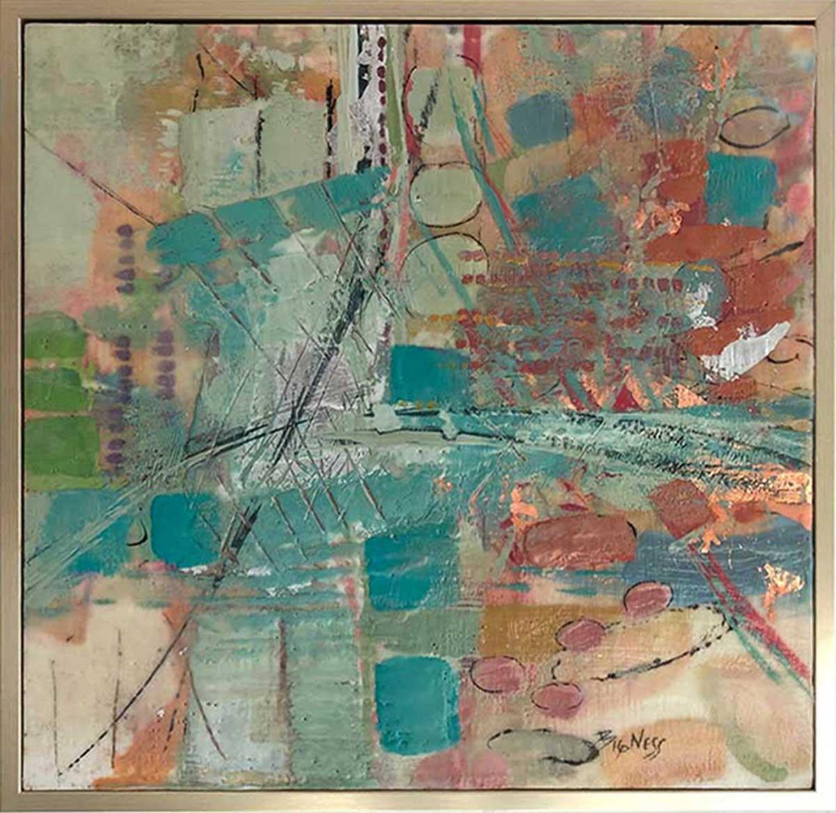 Linda Bigness Abstract Painting - "Copper Pier, " Abstract Encaustic Painting