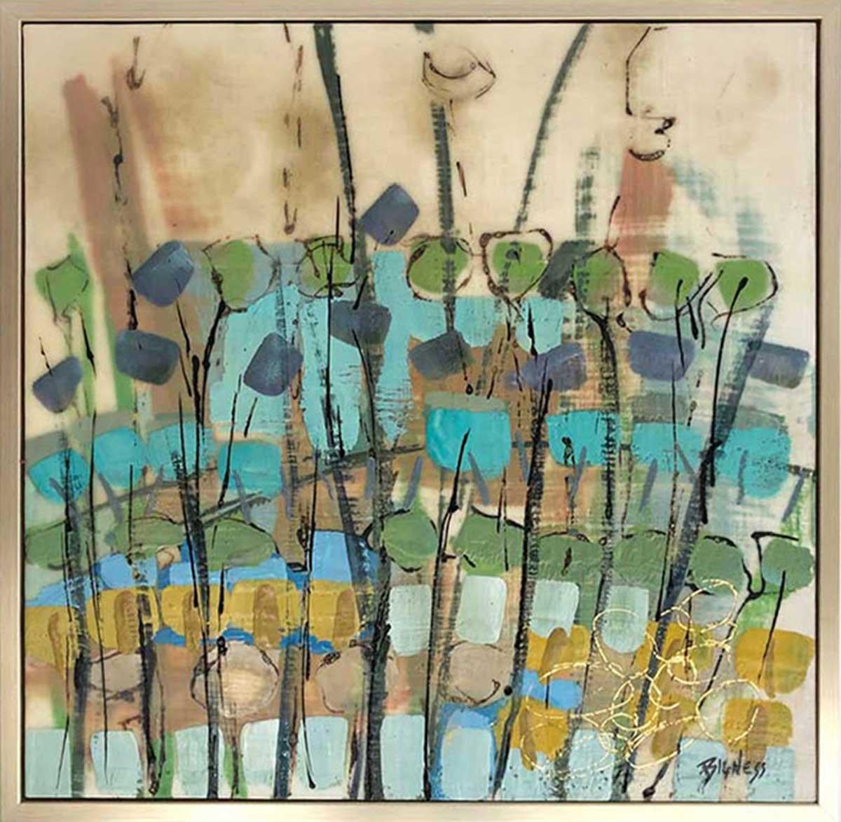 Linda Bigness Abstract Painting - "Cryptic Garden, " Abstract Encaustic Painting