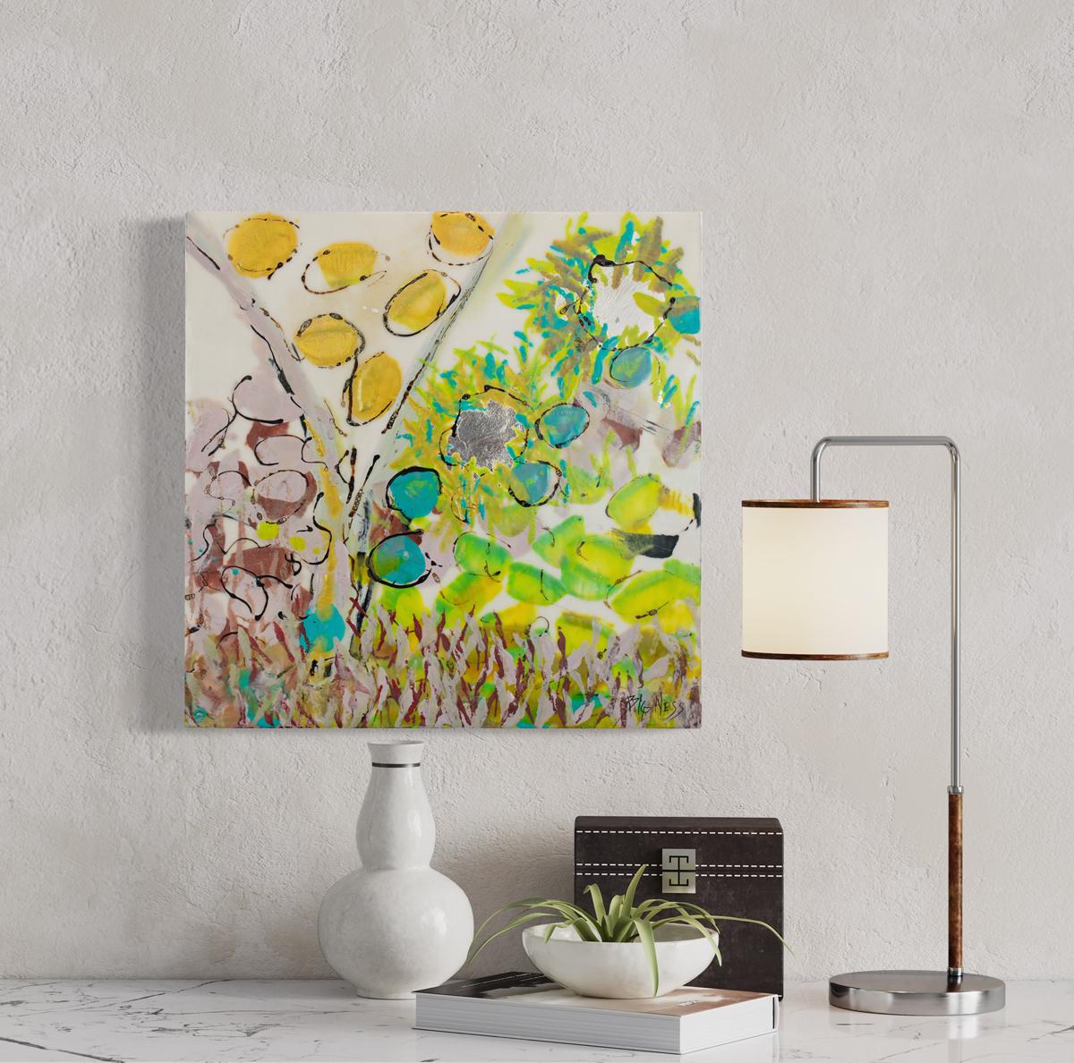 This small abstract encaustic painting by Linda Bigness features a vibrant multicolored yellow, turquoise, and muted red palette with a neutral background and neutral painted sides. Organic forms and line-work are layered throughout to create a