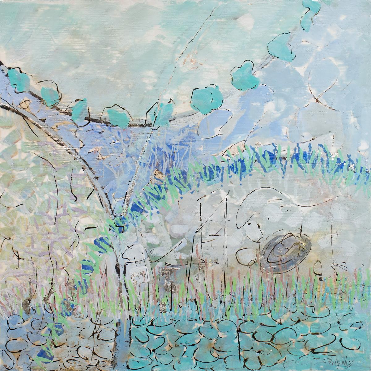 This is an abstract encaustic painting by Linda Bigness with silver leaf accents and neutral sides. It features a light blue and turquoise palette, with layered dabs of paint and organic shapes throughout. It is signed by the artist in the lower