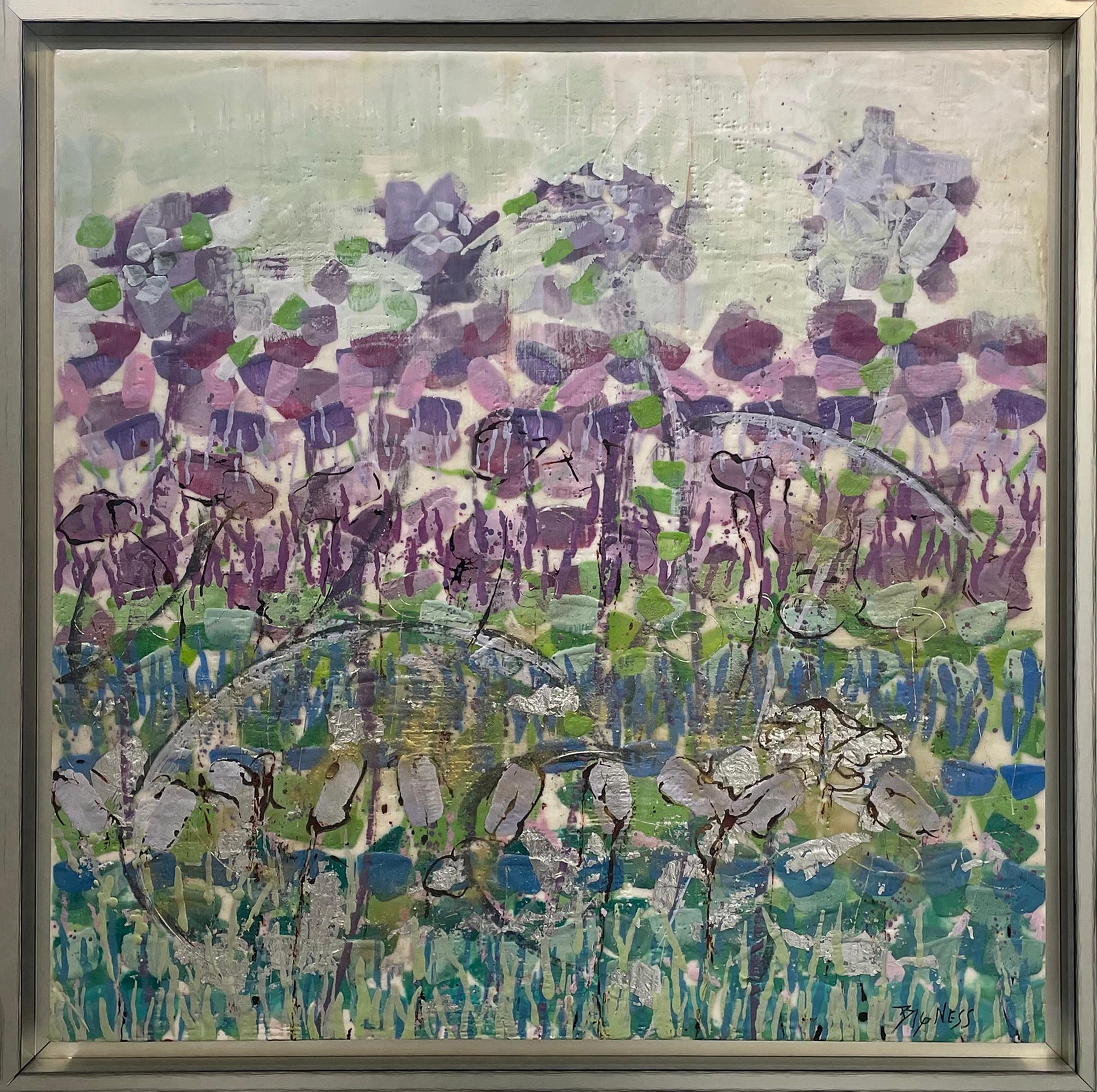 Linda Bigness Abstract Painting - "Iris Last Stand II, " Abstract Floral Encaustic Painting