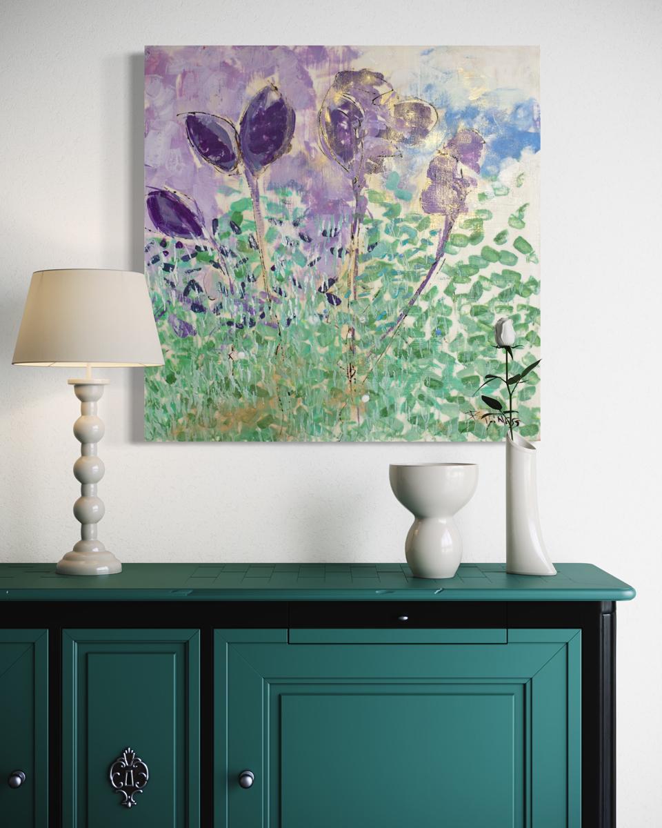 This abstract floral encaustic painting by Linda Bigness features a cool green, blue, and violet palette, with large organic botanical forms as the central focus of the composition. It is made with encaustic and gold leaf on board, and has neutral