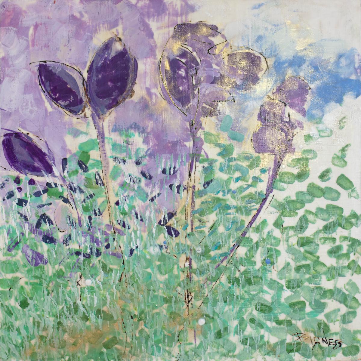 Linda Bigness Abstract Painting - "Iris Last Stand IV" Abstracted Floral Encaustic Painting