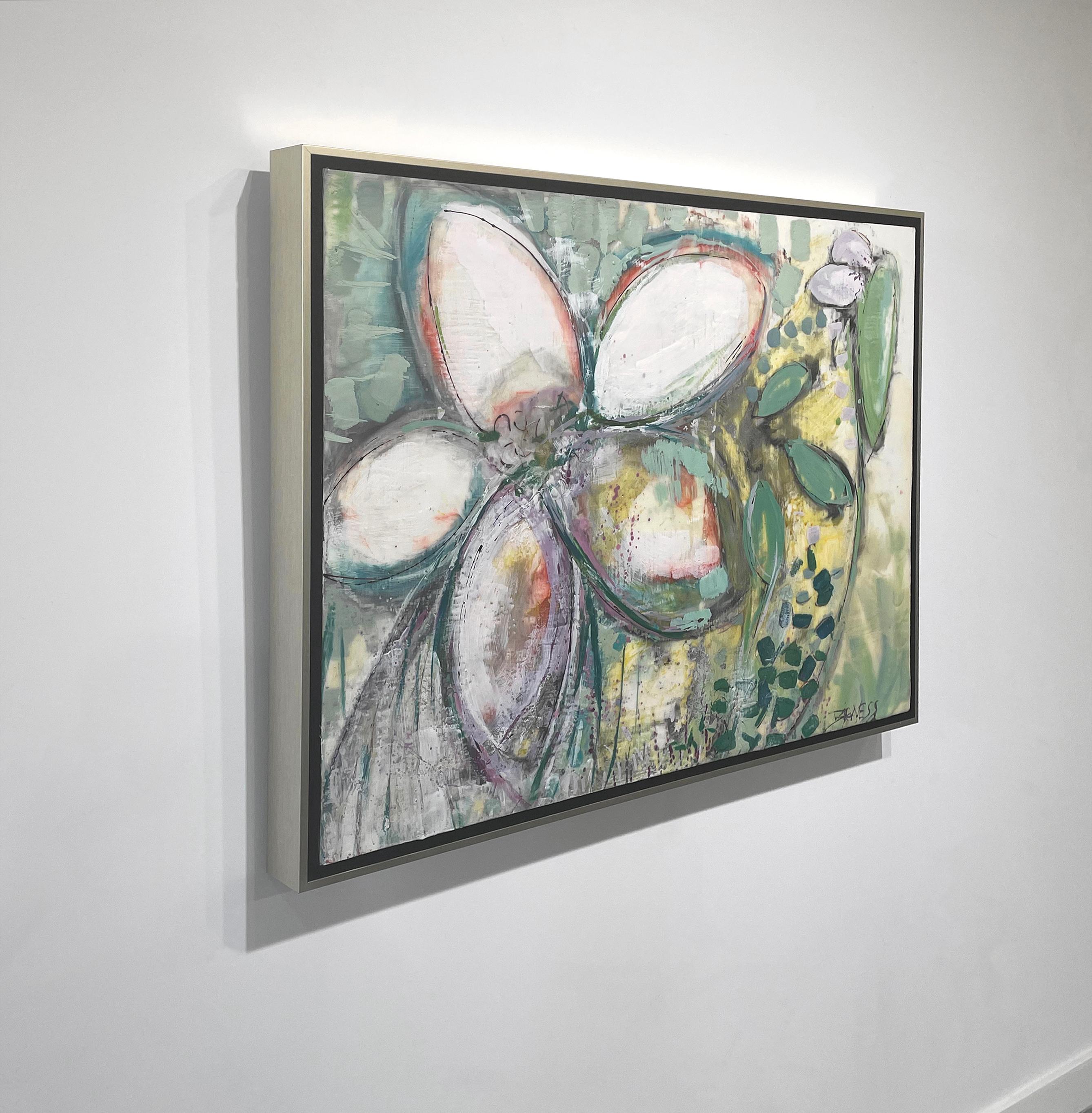 This abstract floral encaustic painting by artist Linda Bigness features a cool green palette with warm purple and orange accents. Large, predominantly white and simplistic flower petals are the primary focus of the composition, with green leaf