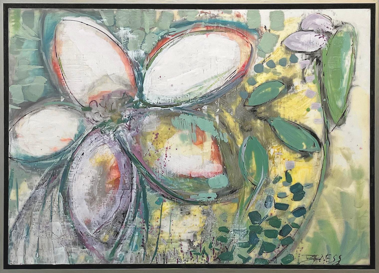 Linda Bigness Abstract Painting - "Joy La Fleur, " Abstract Floral Encaustic Painting