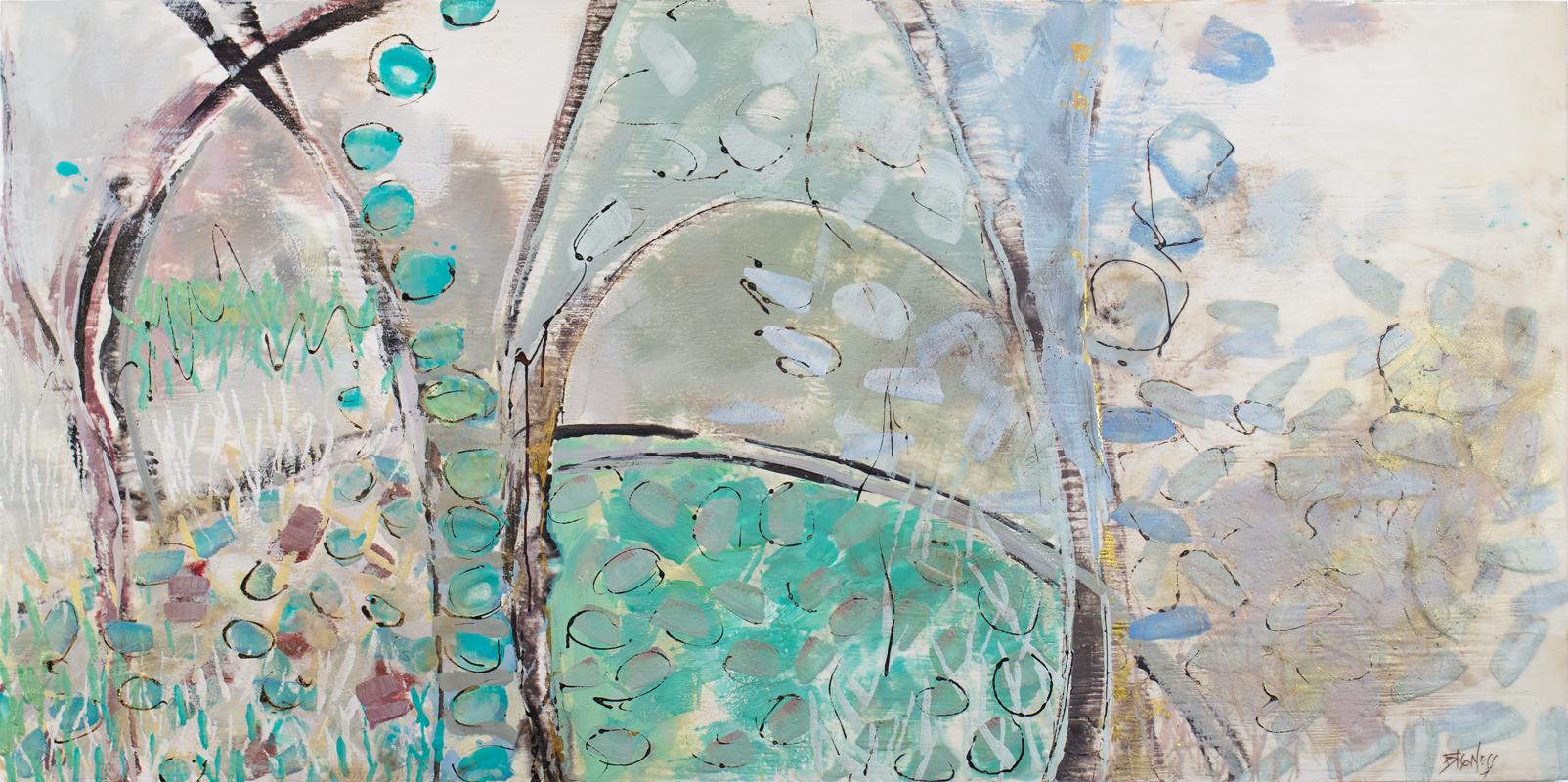 This is an abstract encaustic painting by Linda Bigness. It features a green, blue, and grey multicolored palette with gold leaf accents and neutral sides. Dabs of paint and organic shapes and linework are layered throughout to create a balanced