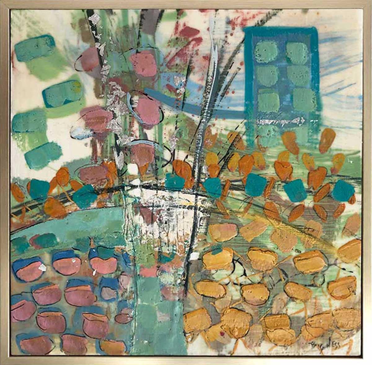 "Rooftop Gardens, " Abstract Encaustic Painting - Art by Linda Bigness