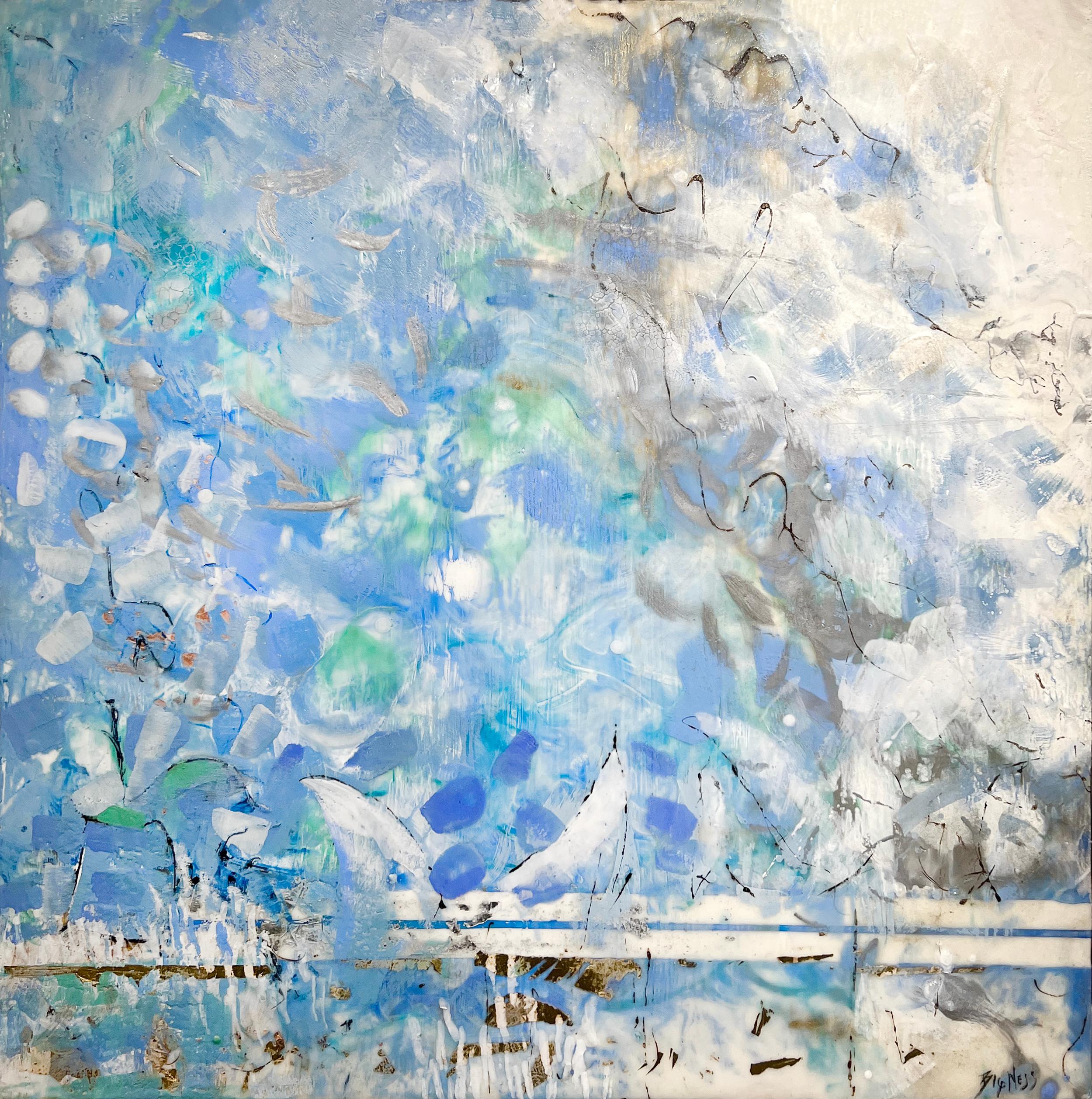 Linda Bigness Abstract Painting – Abstraktes florales Enkaustikgemälde „Seaside Blues“, abstraktes Blumengemälde