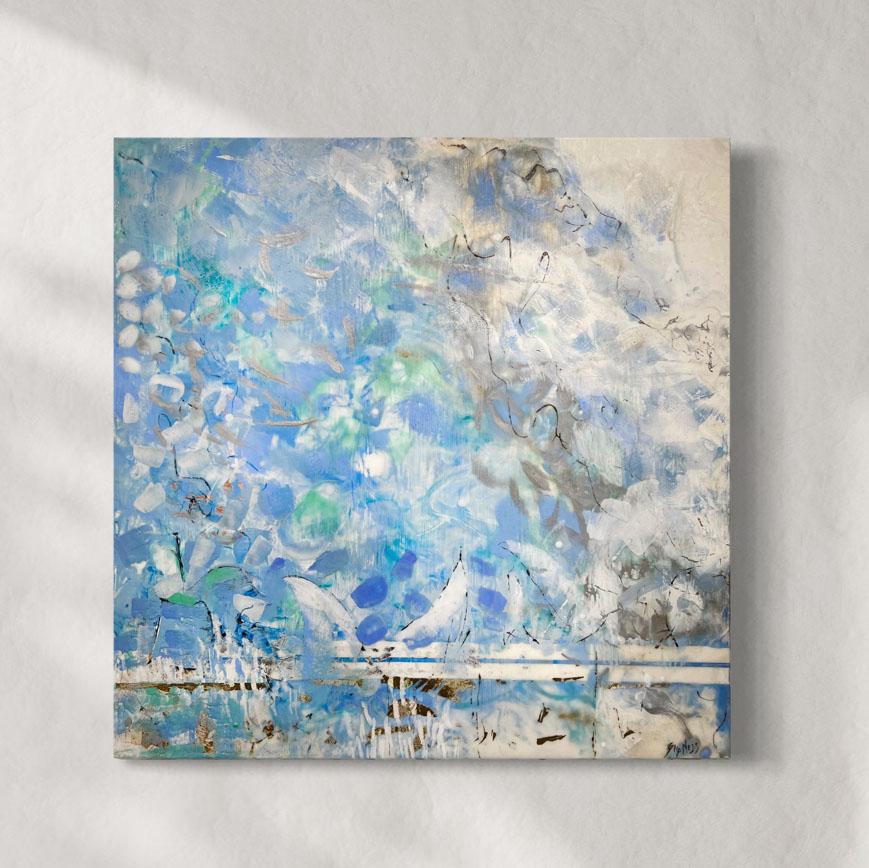"Seaside Blues, " Abstract Floral Encaustic Painting