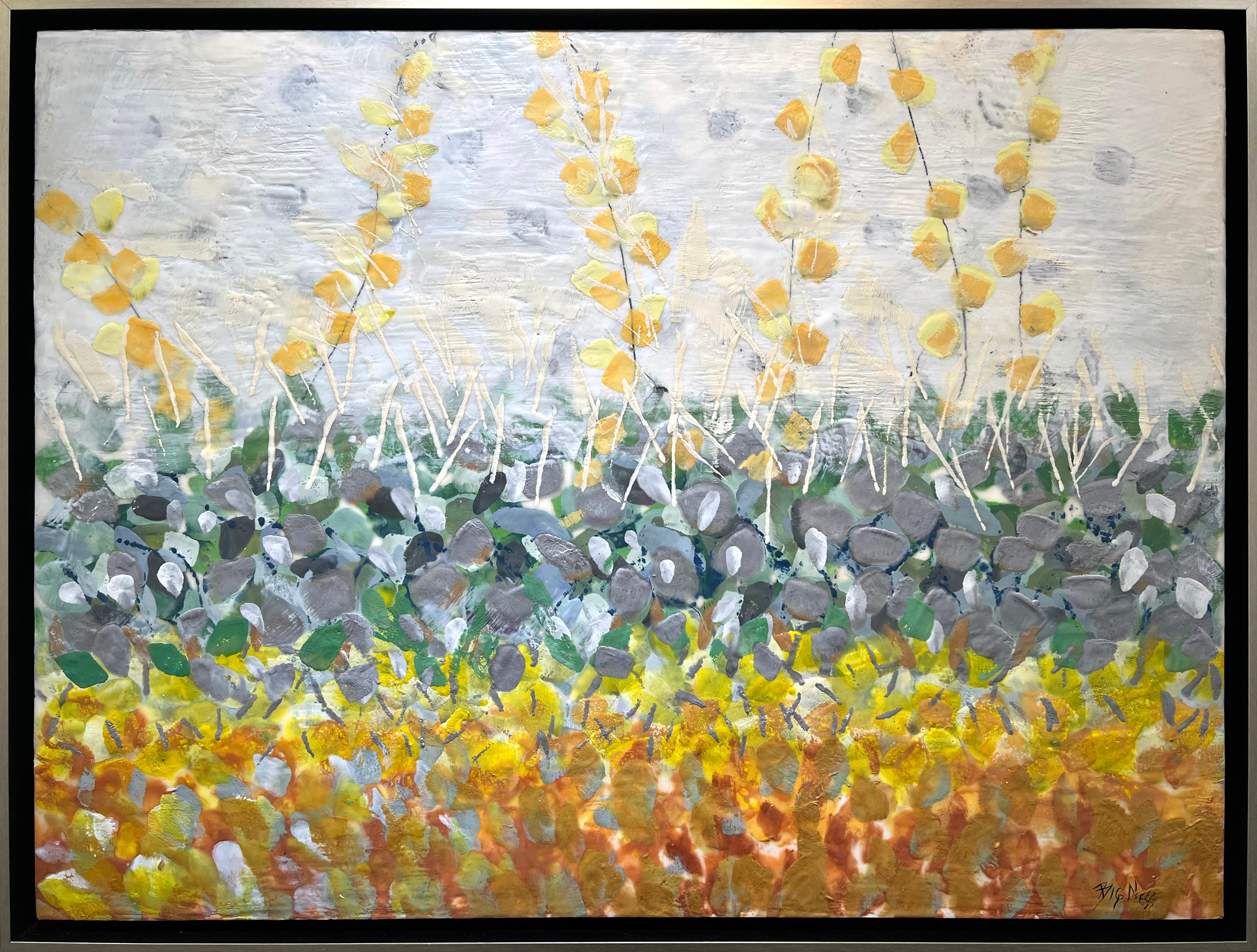 Linda Bigness Abstract Painting - "Spring Glory, " Abstract Floral Encaustic Painting