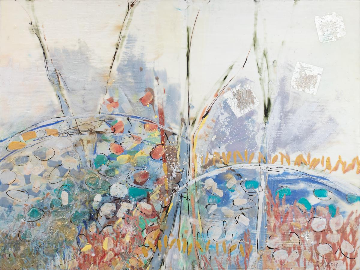 This is an abstract encaustic painting by Linda Bigness. It features multicolored palette with silver leaf accents and neutral sides. Dabs of paint and organic shapes and linework are layered throughout to create a balanced, almost floral
