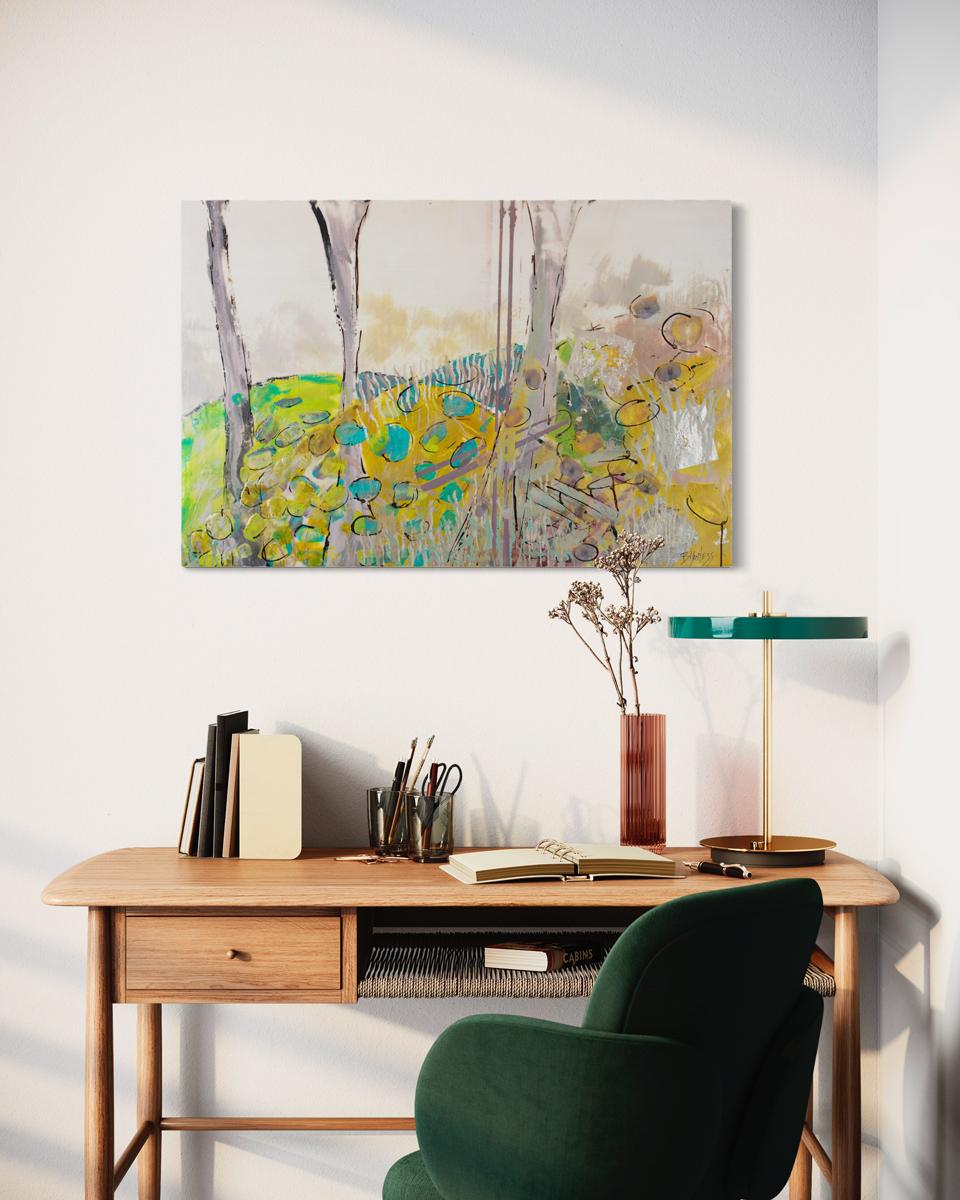 This is an abstract encaustic painting by Linda Bigness. It features a vibrant multicolored yellow and turquoise palette with warm grey and silver leaf accents and neutral sides. Organic forms and line-work are layered throughout to create a