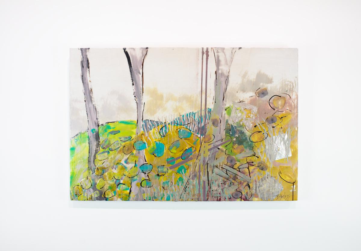 Linda Bigness Abstract Painting - "Three Trees III" Abstract Encaustic Painting