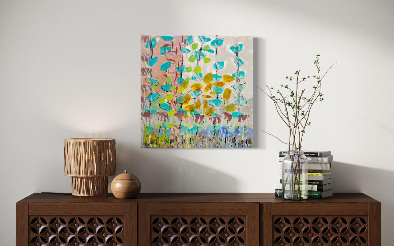 This abstract encaustic painting by Linda Bigness is made on board and features a vibrant multicolored yellow, turquoise, and muted pink palette with a neutral grey background and neutral painted sides. Organic forms and line-work are stacked and
