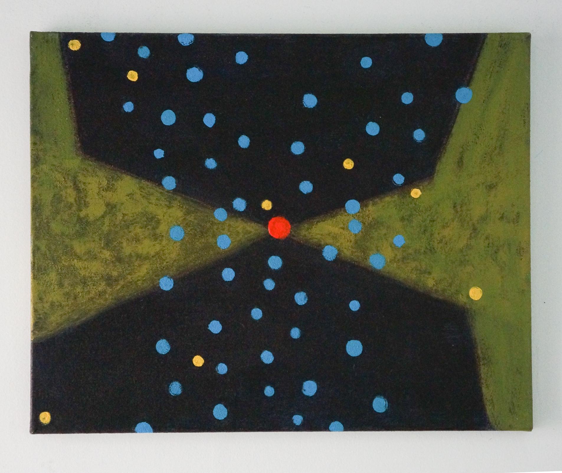 <p>Artist Comments<br>Artist Linda Cassidy employs organically organized geometric forms in an alluring abstract. She builds a piece that seems to conduct a quietly inviting dance. Blue and yellow dots scatter the canvas encompassing the central red
