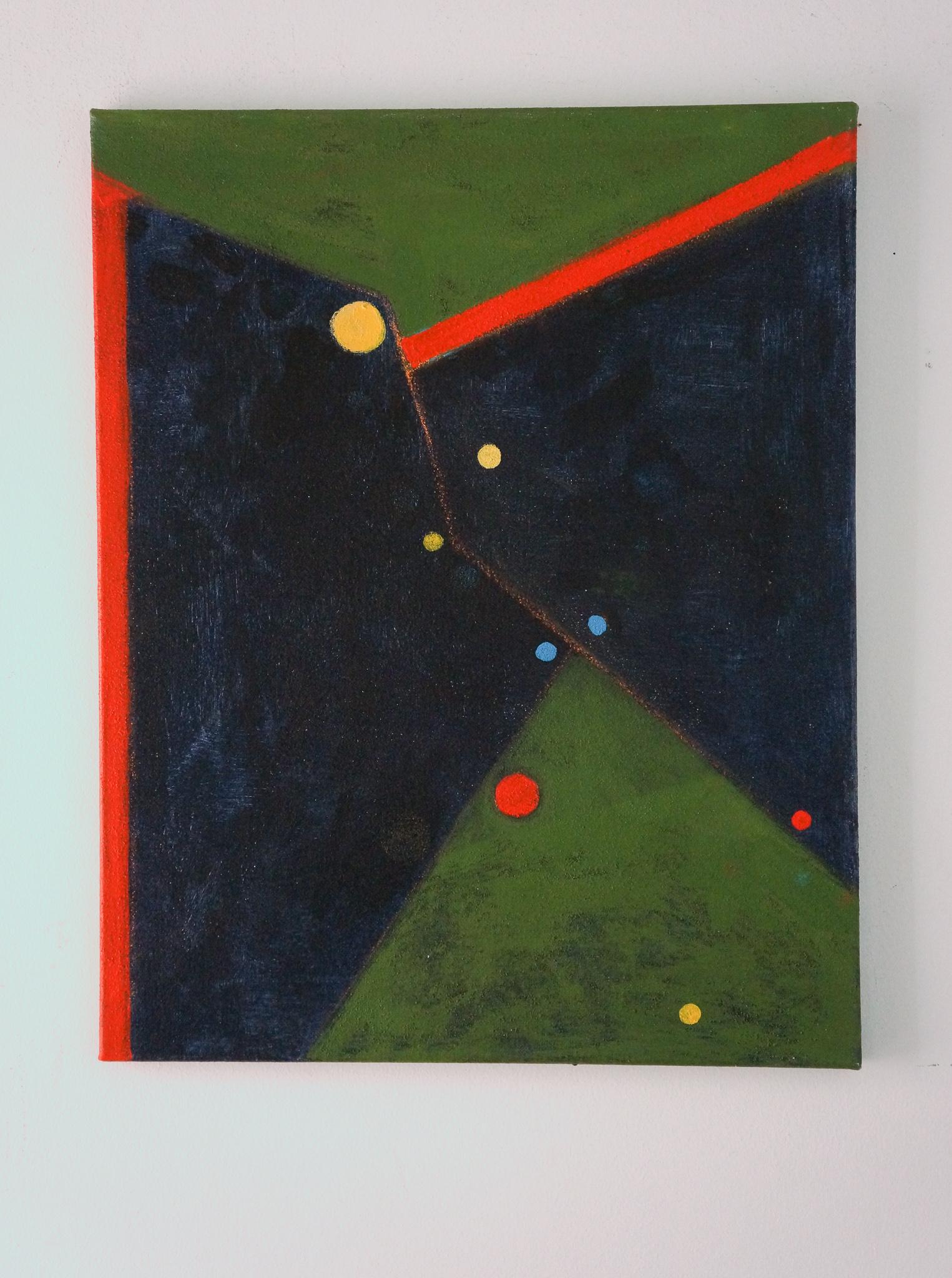 <p>Kommentare der Künstlerin<br>Die Künstlerin Linda Cassidy setzt organisch organisierte geometrische Formen in einer verführerischen Abstraktion ein. Punkte in Primärfarben liegen auf dem schwarz- und moosgrünen Hintergrund mit harten Kanten. Sie