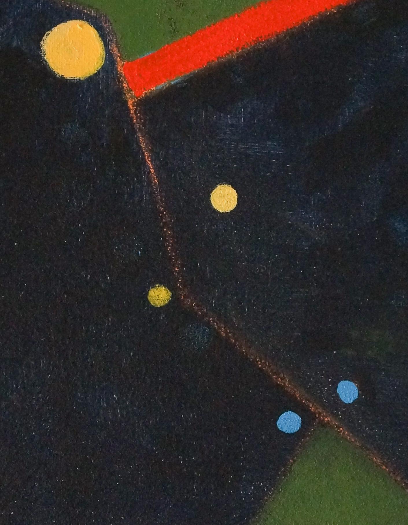 <p>Commentaires de l'artiste<br>L'artiste Linda Cassidy utilise des formes géométriques organisées de manière organique dans un abstrait séduisant. Des points de couleurs primaires sont disposés le long du fond noir et vert mousse à bords francs.