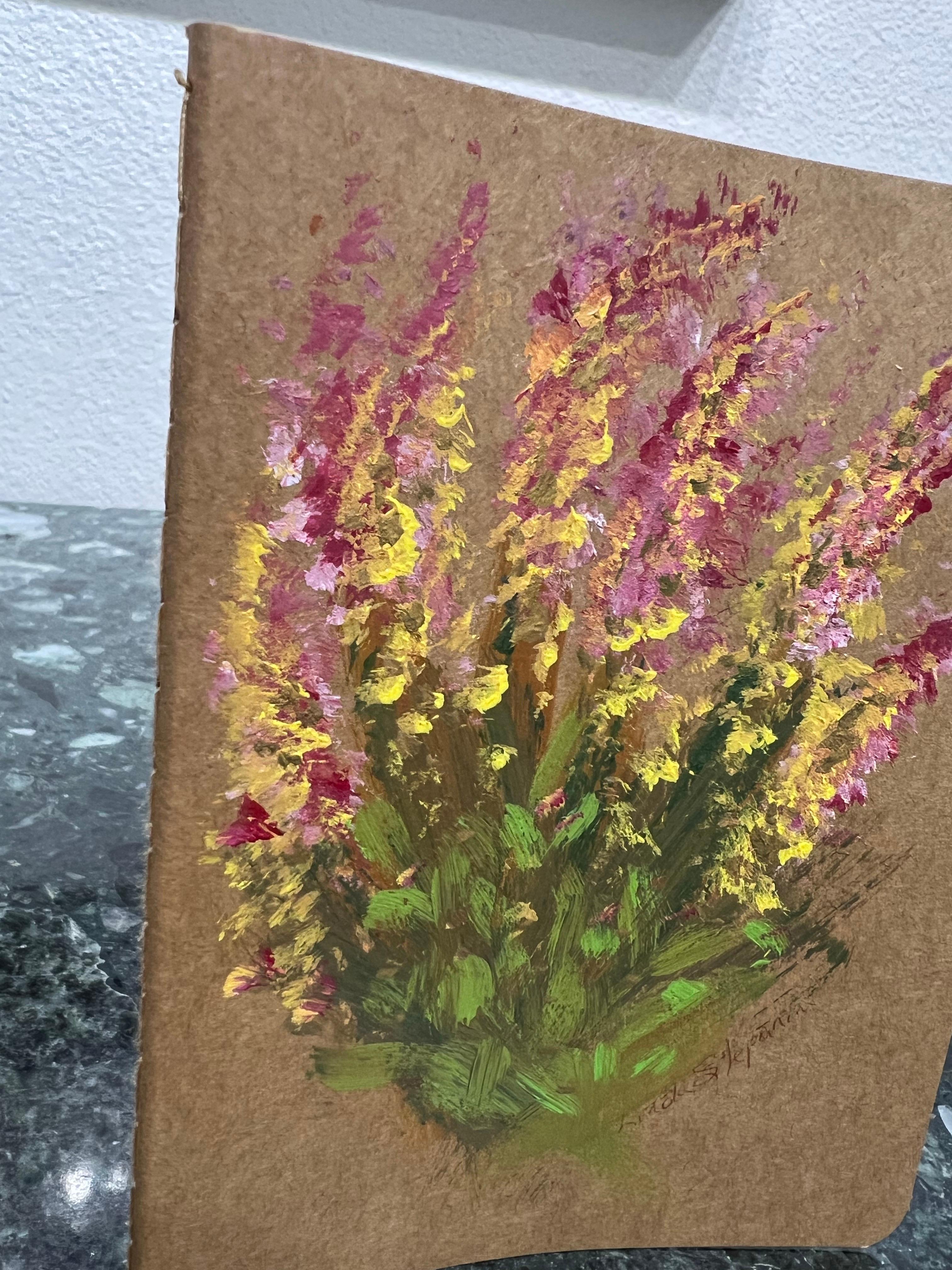 Blossoms & Breaths, Contemporary still life on notebook. – Painting von Linda Civanyan Stepanian