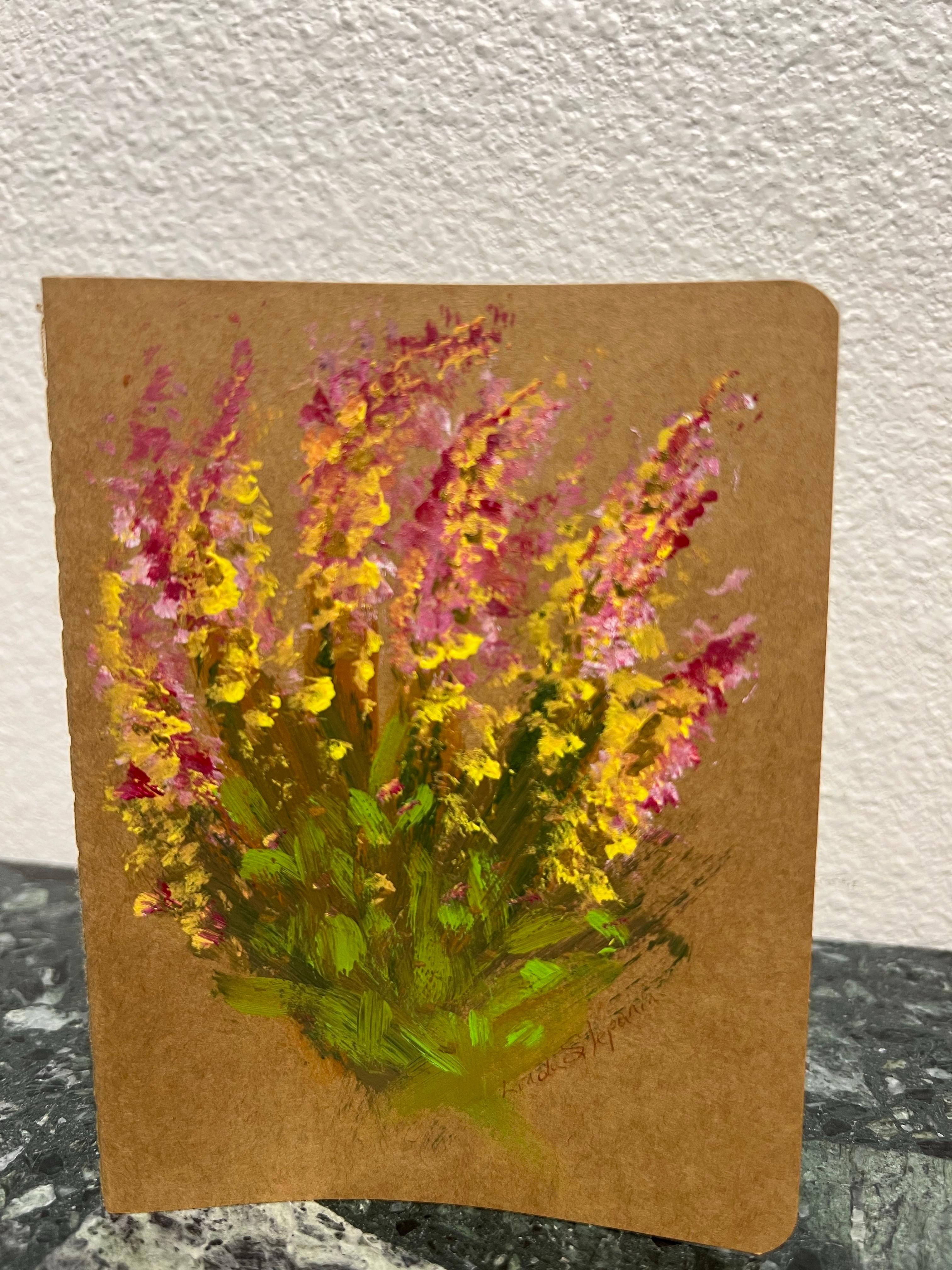 Blossoms & Breaths, Contemporary still life on notebook. (Braun), Still-Life Painting, von Linda Civanyan Stepanian