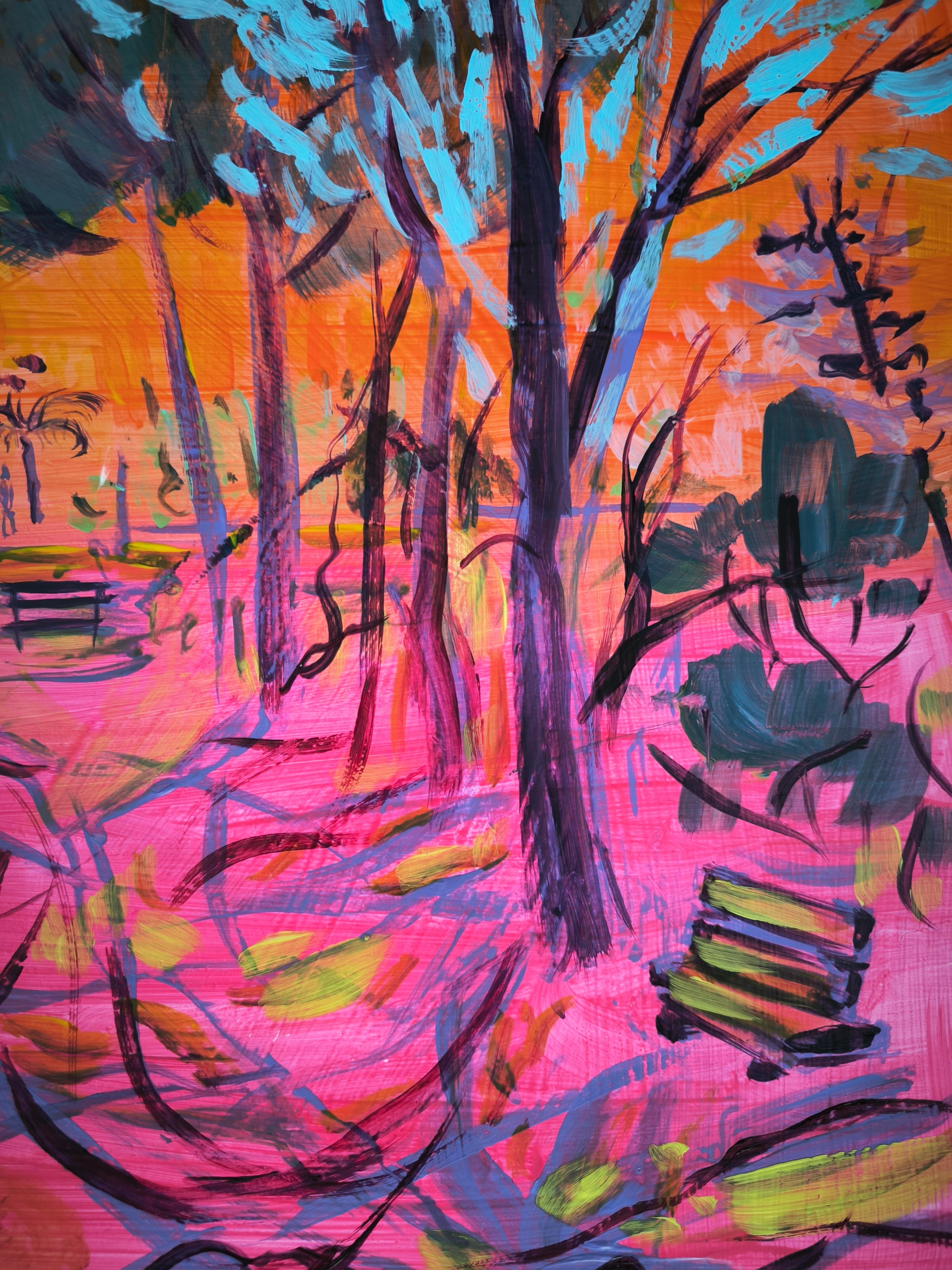 This painting was done in the middle of winter, with a deep desire to enjoy the sun and the outdoors. The artist wanted to use warm colours to warm the body and the heart.
Linda Clerget is a French painter influenced by Impressionism, who works alla