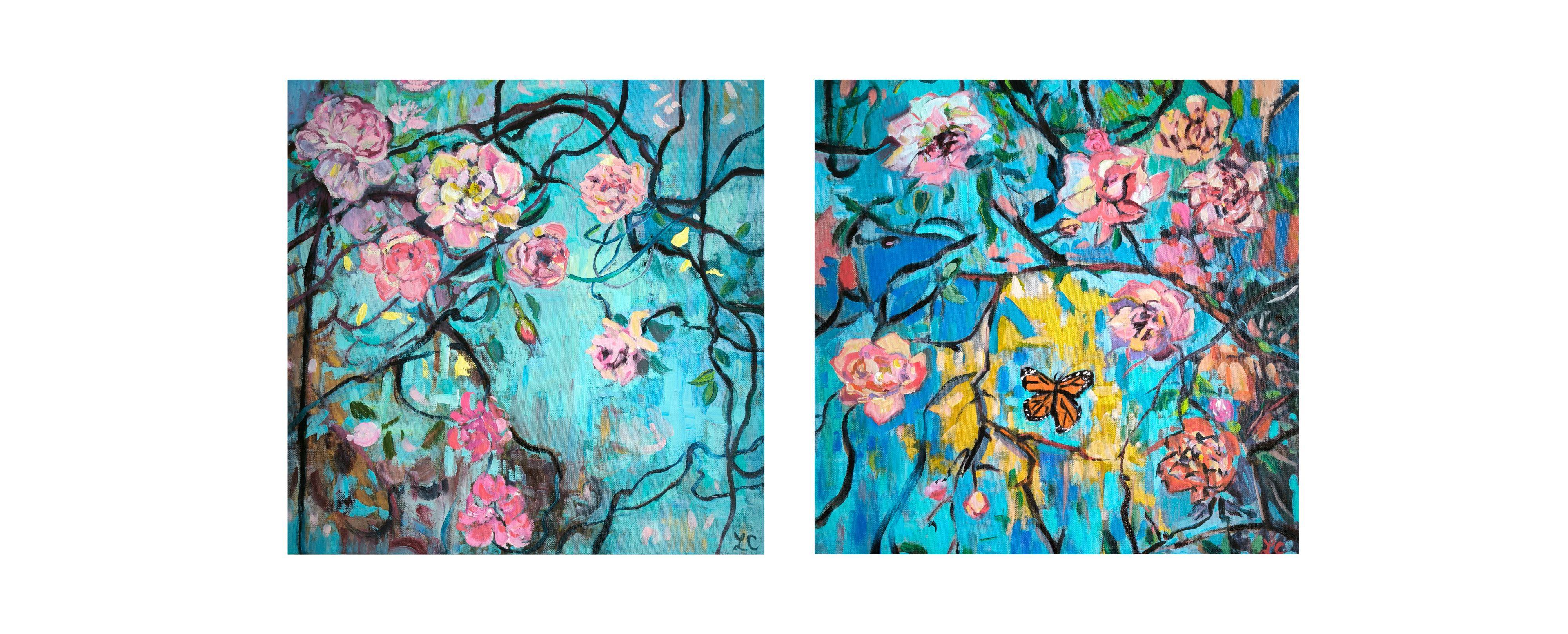 Ce diptyque vous invite à un voyage immersif dans un univers floral onirique, où les bleus vibrants se mêlent aux fleurs délicates. Une symphonie de mouvements et de couleurs, capturant la beauté fugace de la nature dans une danse entre abstraction