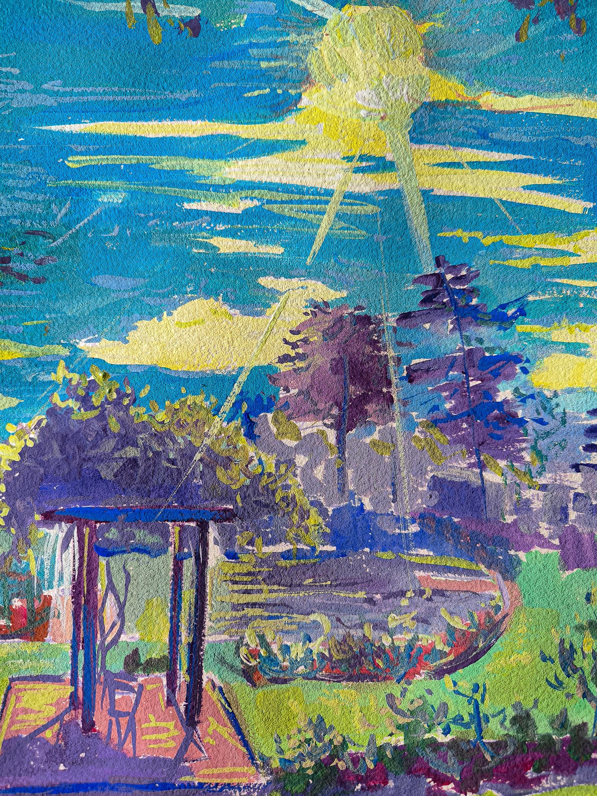 Este vibrante gouache capta la esencia exuberante y serena del Jardín Botánico de Orleans. El artista ha transcrito magistralmente la belleza natural de este lugar, jugando con tonos verdes, azules y morados para crear una atmósfera relajante. Las