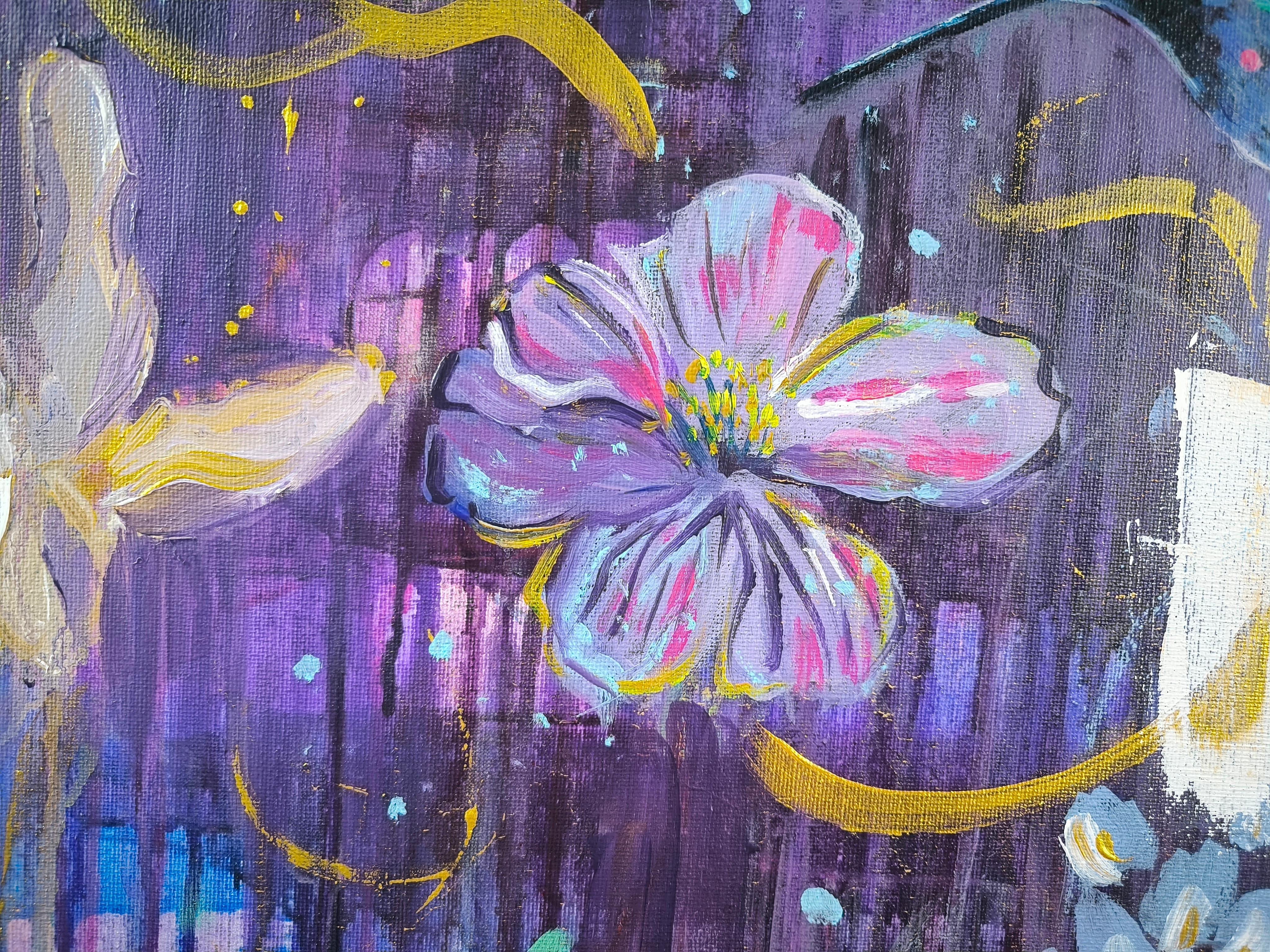 Immergiti nel mondo etereo di Celestial Dance, un pezzo sorprendente della mia serie Biostellaires. Quest'opera d'arte cattura un momento sospeso in cui un colibrì scintillante scivola attraverso un giardino cosmico, accarezzando delicatamente dei
