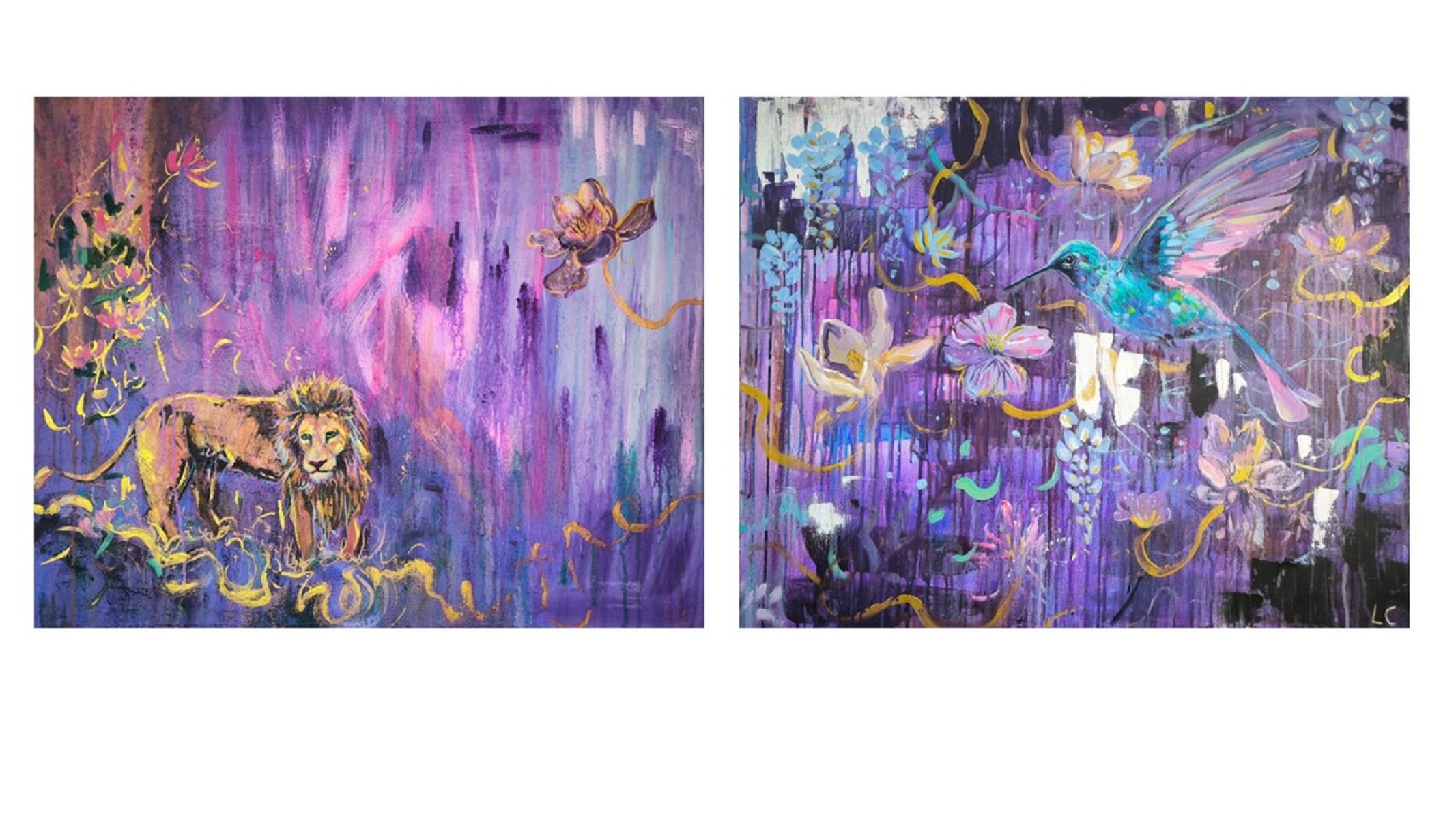 Cosmic Bird & The Guardian - Painting di  Linda Clerget