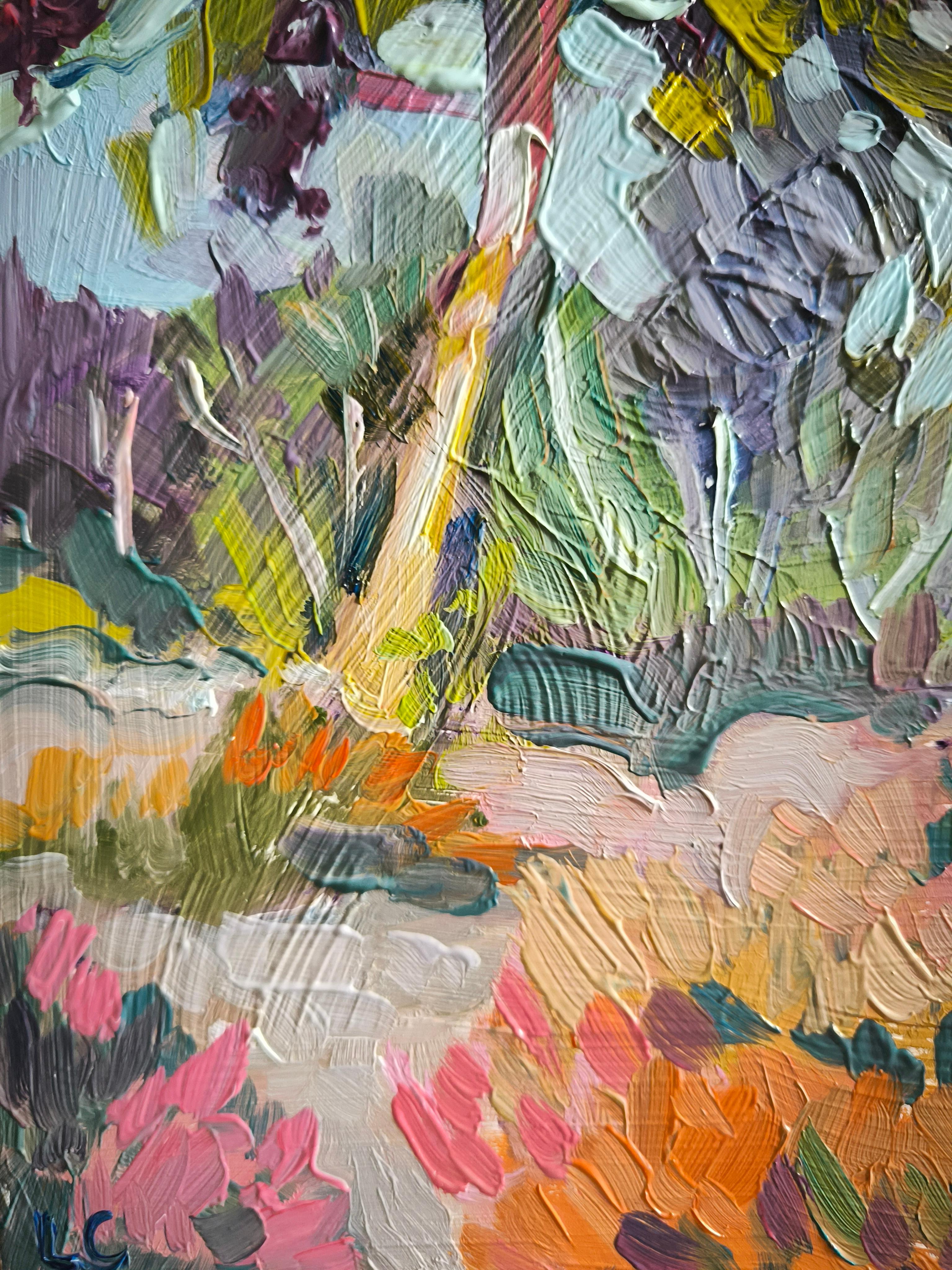 Esta vibrante pintura capta la serena belleza del bosque de Fontainebleau durante el encantador final del verano. De 30 x 30 cm, esta obra de arte está creada con óleo sobre madera, mostrando ricos colores y dinámicas texturas que evocan la