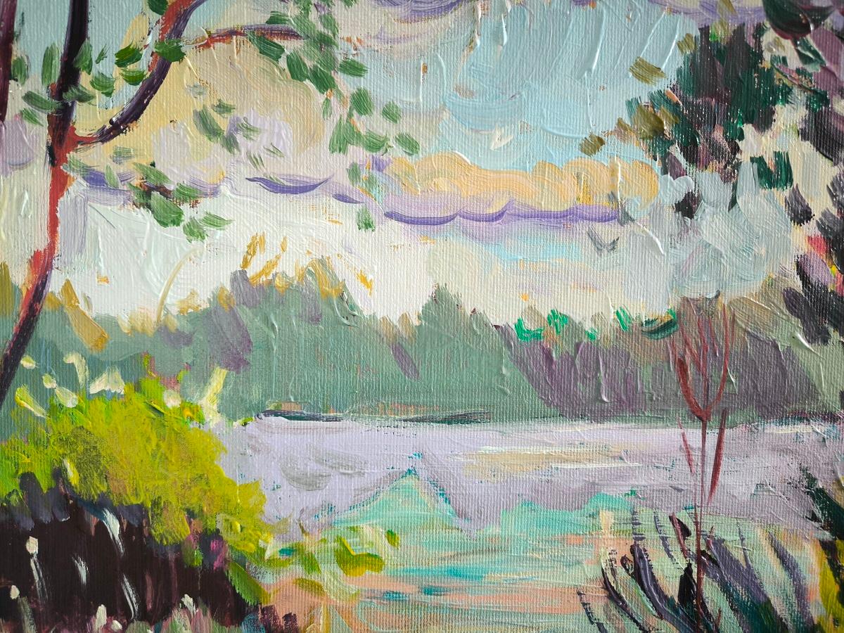Étang de la Clarette in Grez-sur-Loing (Grau), Figurative Painting, von  Linda Clerget