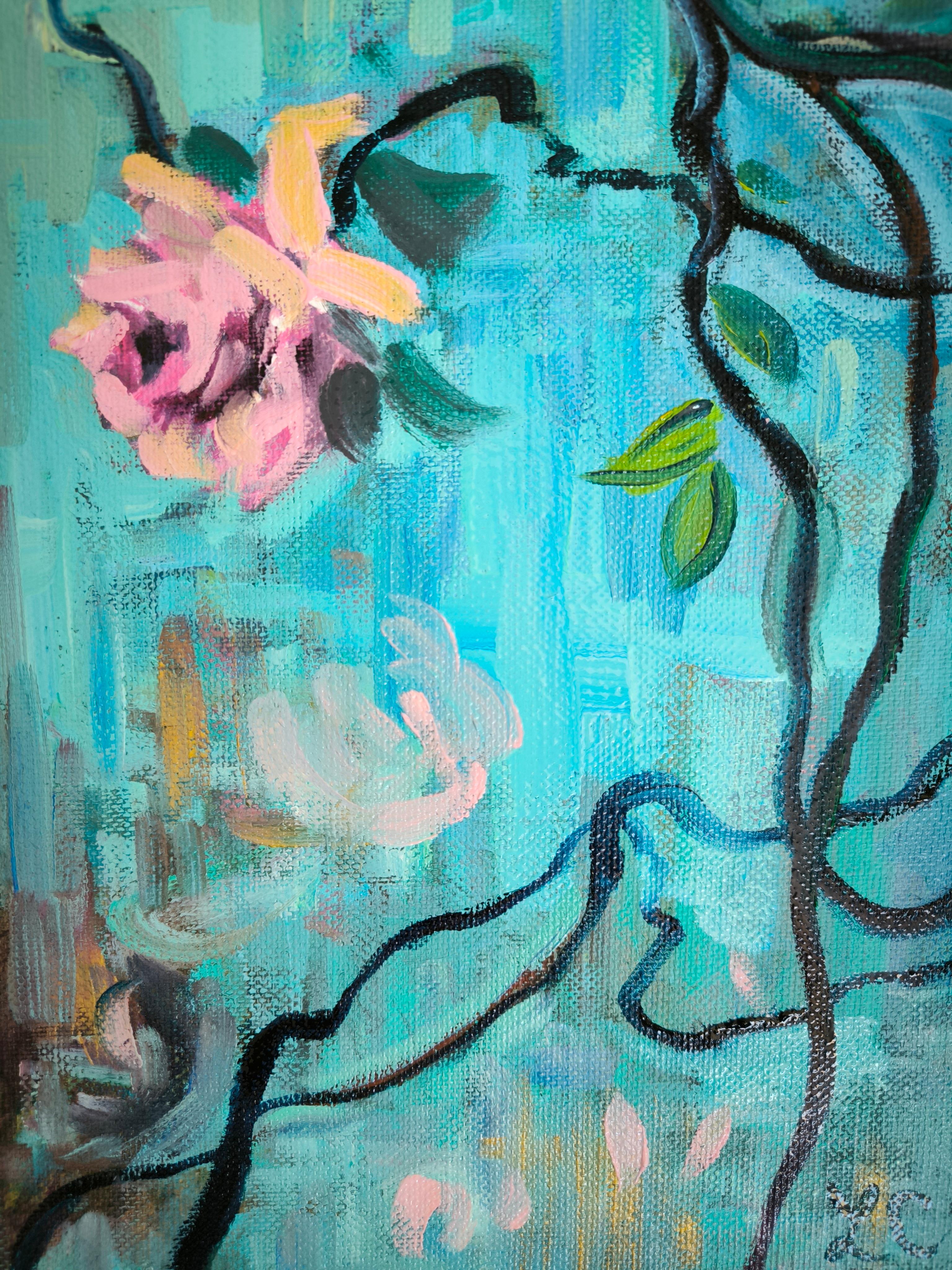 En este cuadro, quería captar la esencia frágil pero poderosa de las flores en flor, esas efímeras mensajeras del tiempo. Cada pétalo se despliega en un instante fugaz, pero en su belleza vislumbramos la eternidad. El contraste entre las ramas