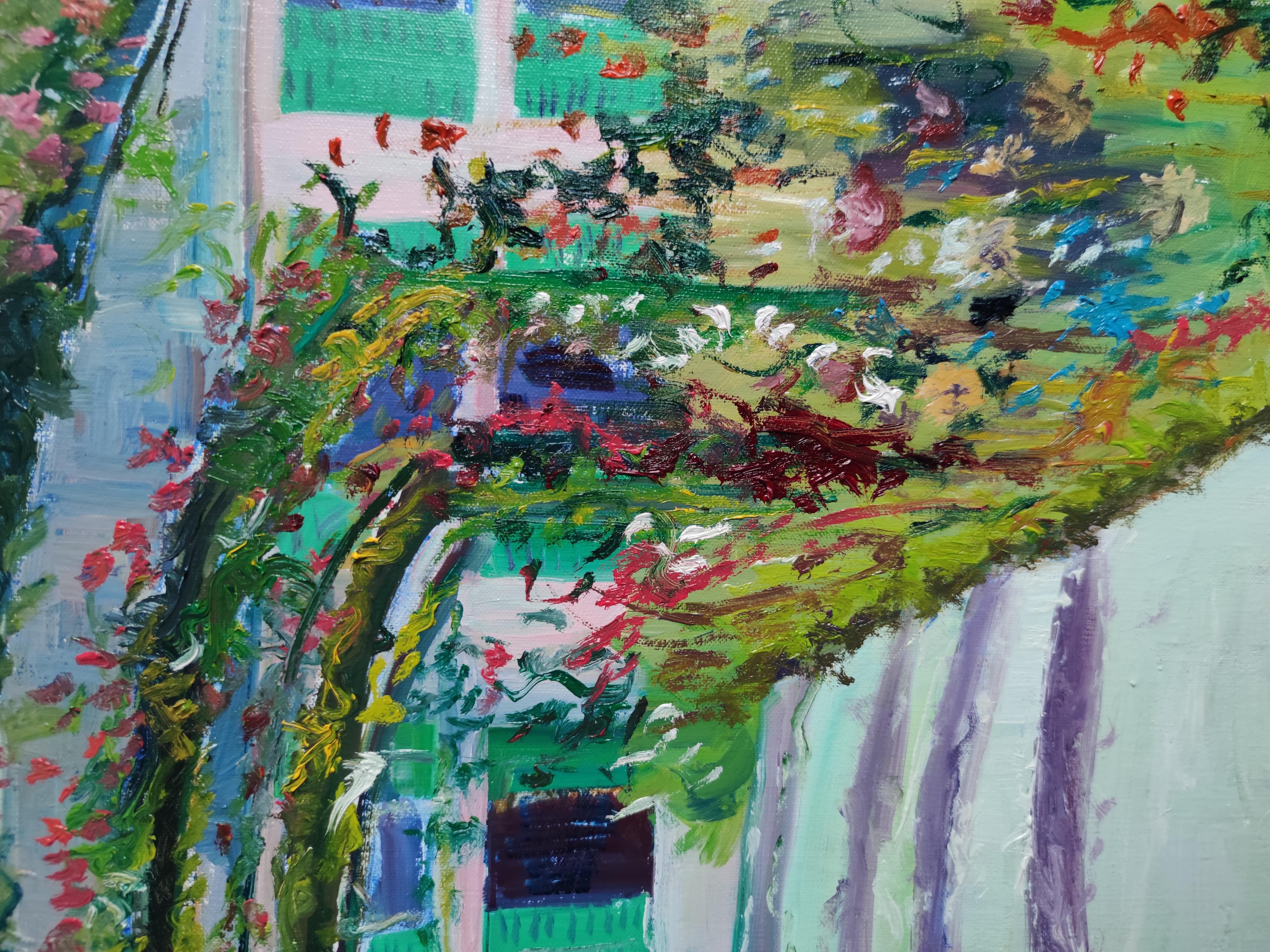 Floral Stroll & Pink Sky – Diptych - Painting by  Linda Clerget