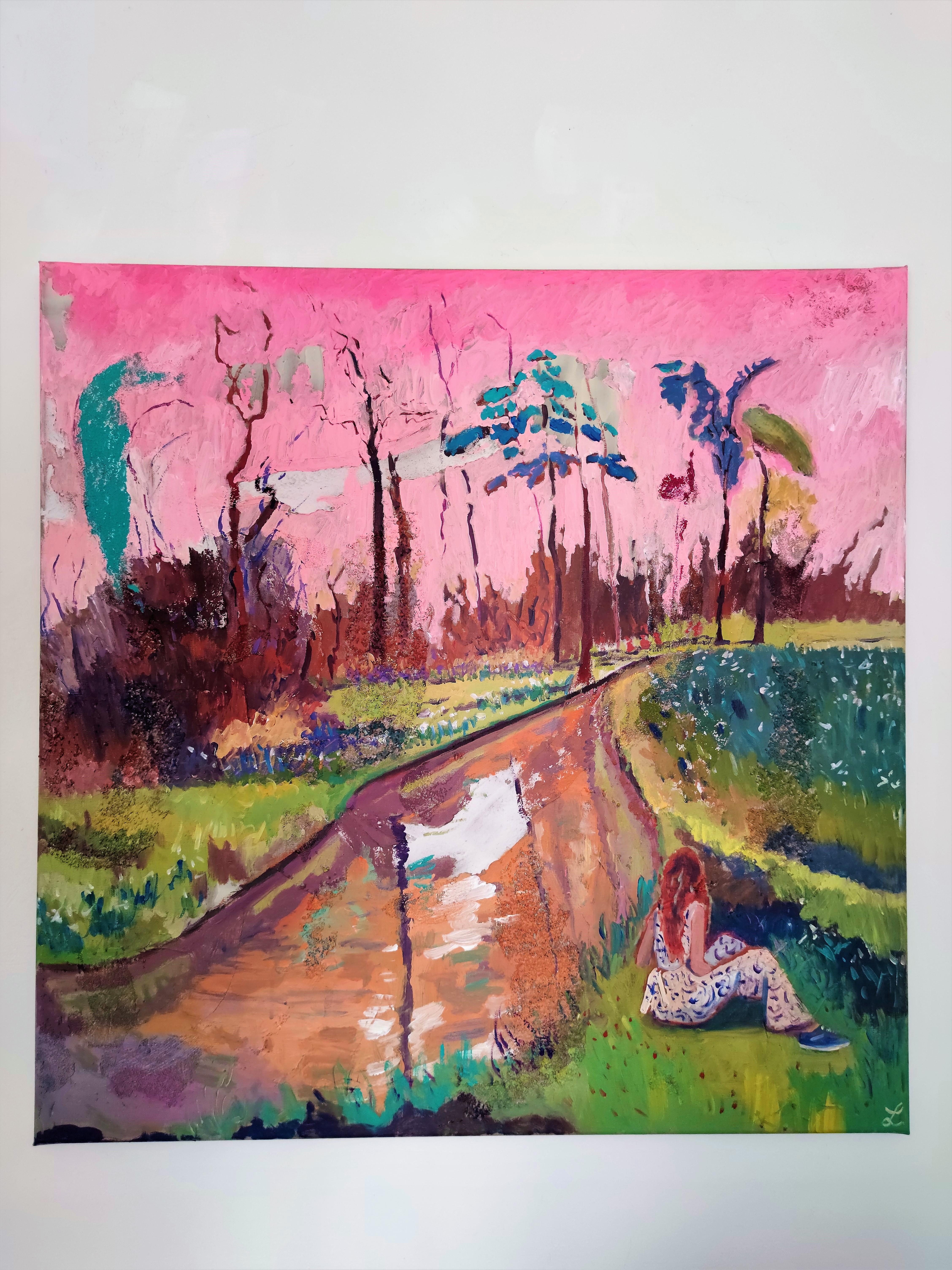 Floral Stroll & Pink Sky – Diptych - Beige Landscape Painting by  Linda Clerget