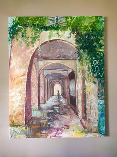 Impressionnist french city landscape "Shopping under the arcades in la Rochelle"