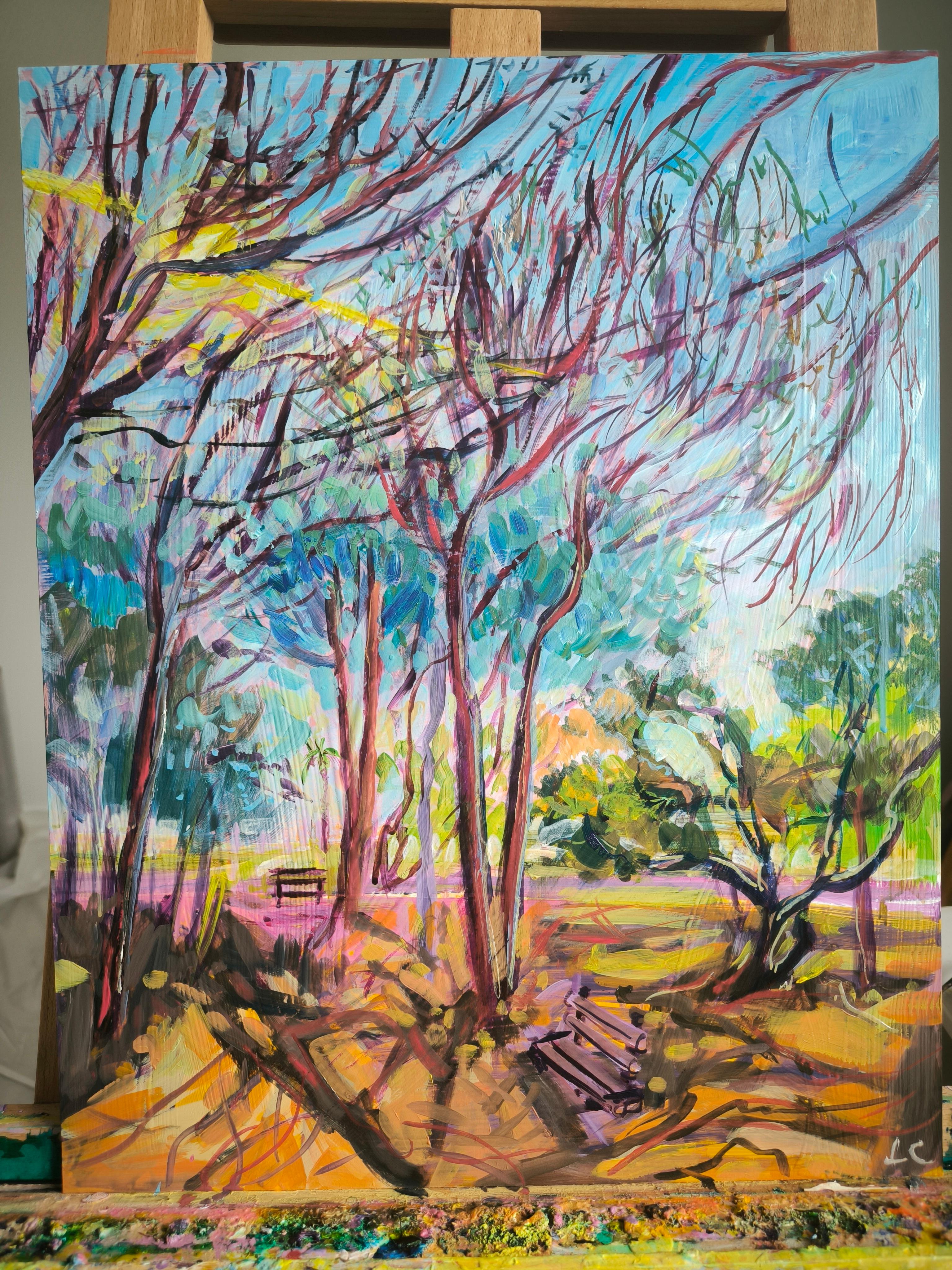 A la sombra de los árboles - Landscape Painting Gris de  Linda Clerget