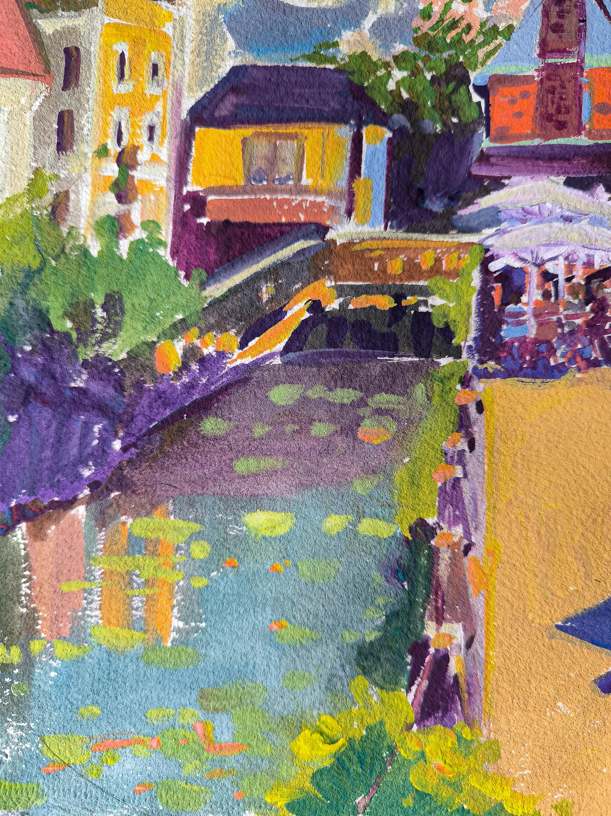 Nelle strade di Chablis - Landscape Painting Blu di  Linda Clerget