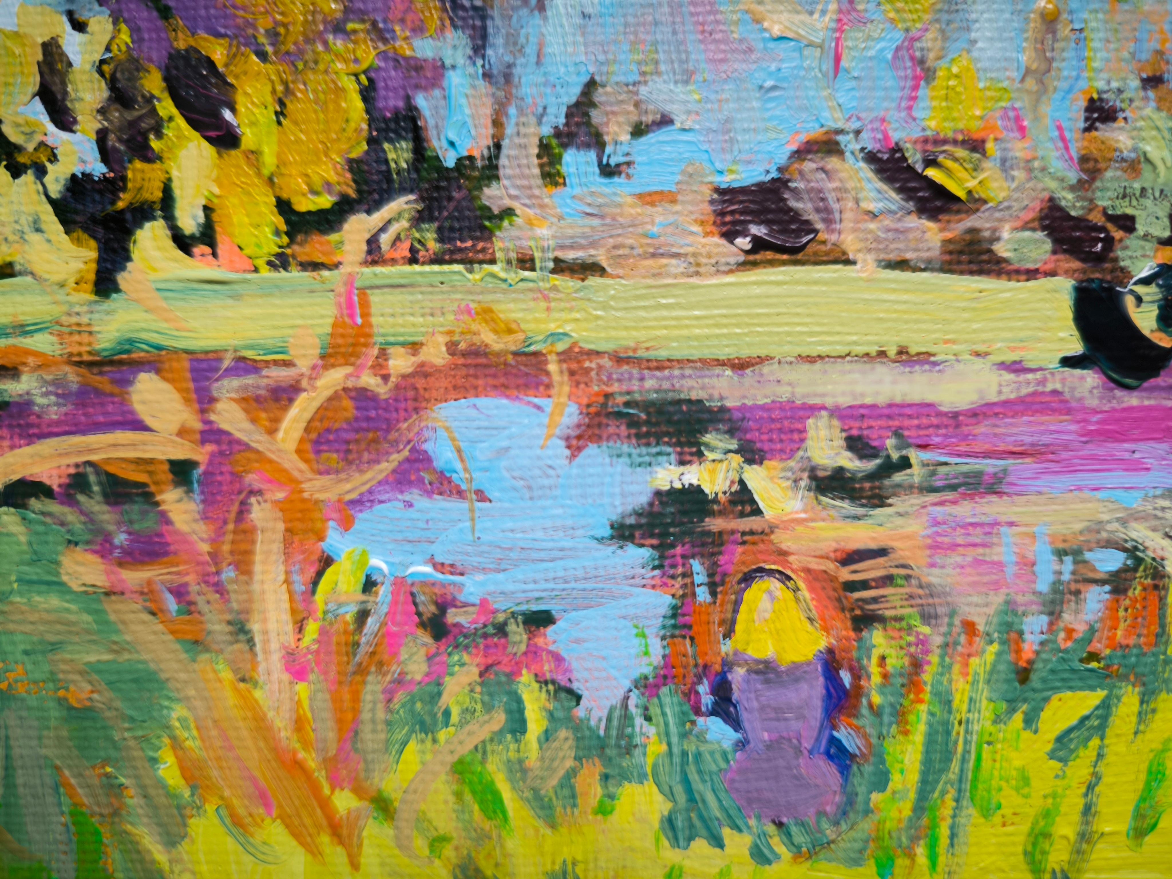 Dans cette peinture vibrante et poétique, Linda Clerget capture un moment d'introspection au bord d'un étang. Ses coups de pinceau expressifs et sa palette lumineuse - avec des verts, des jaunes, des violets et des roses vifs - évoquent un monde