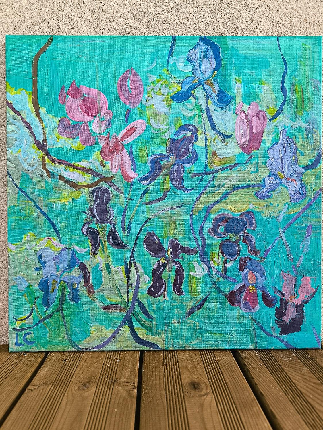 El iris también florece - Still-Life Painting Azul de  Linda Clerget