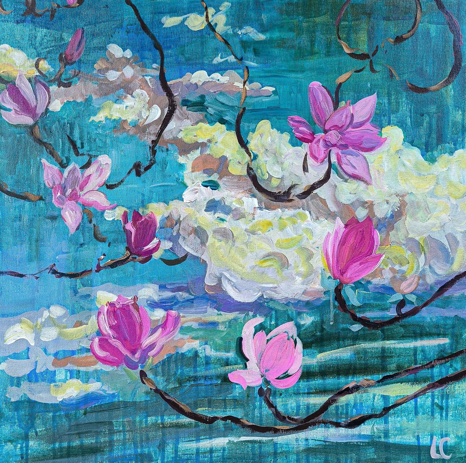 Magnolia Forever I & II & Iris bloom too - Fauvist Painting by  Linda Clerget