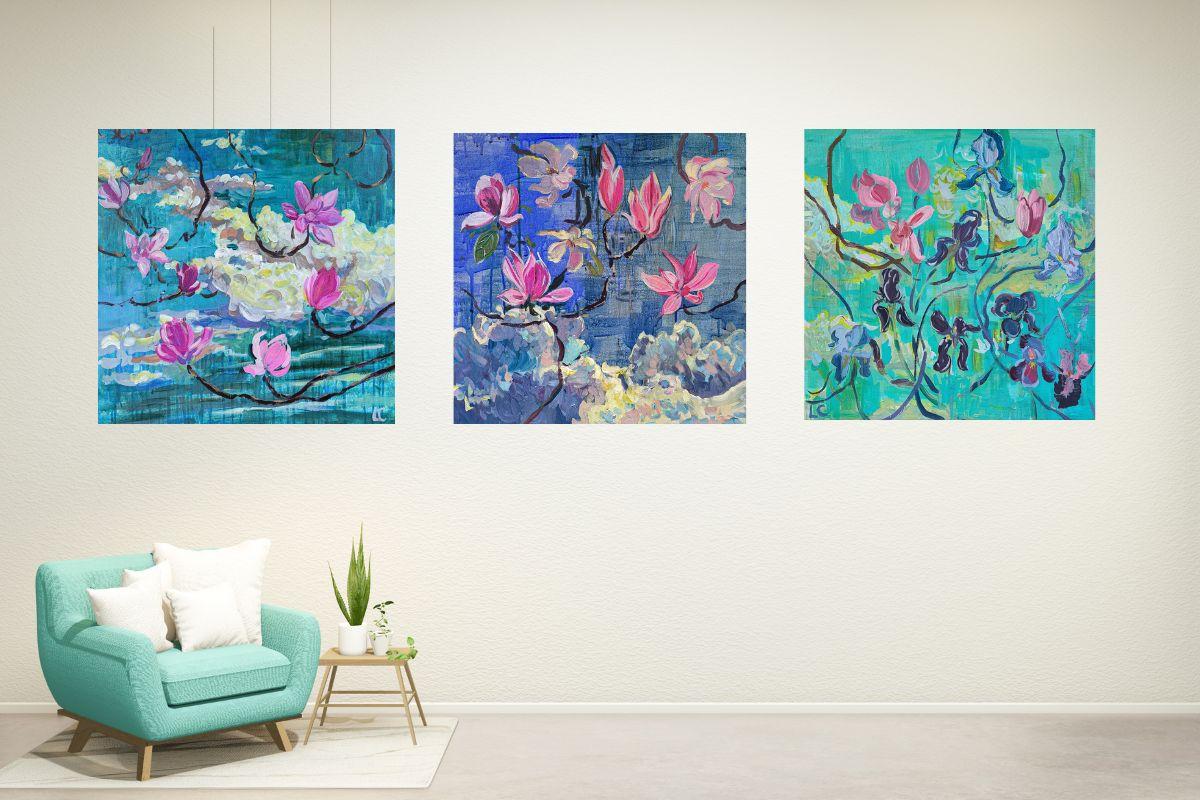  Linda Clerget Still-Life Painting - Magnolia Forever I & II & Iris bloom too