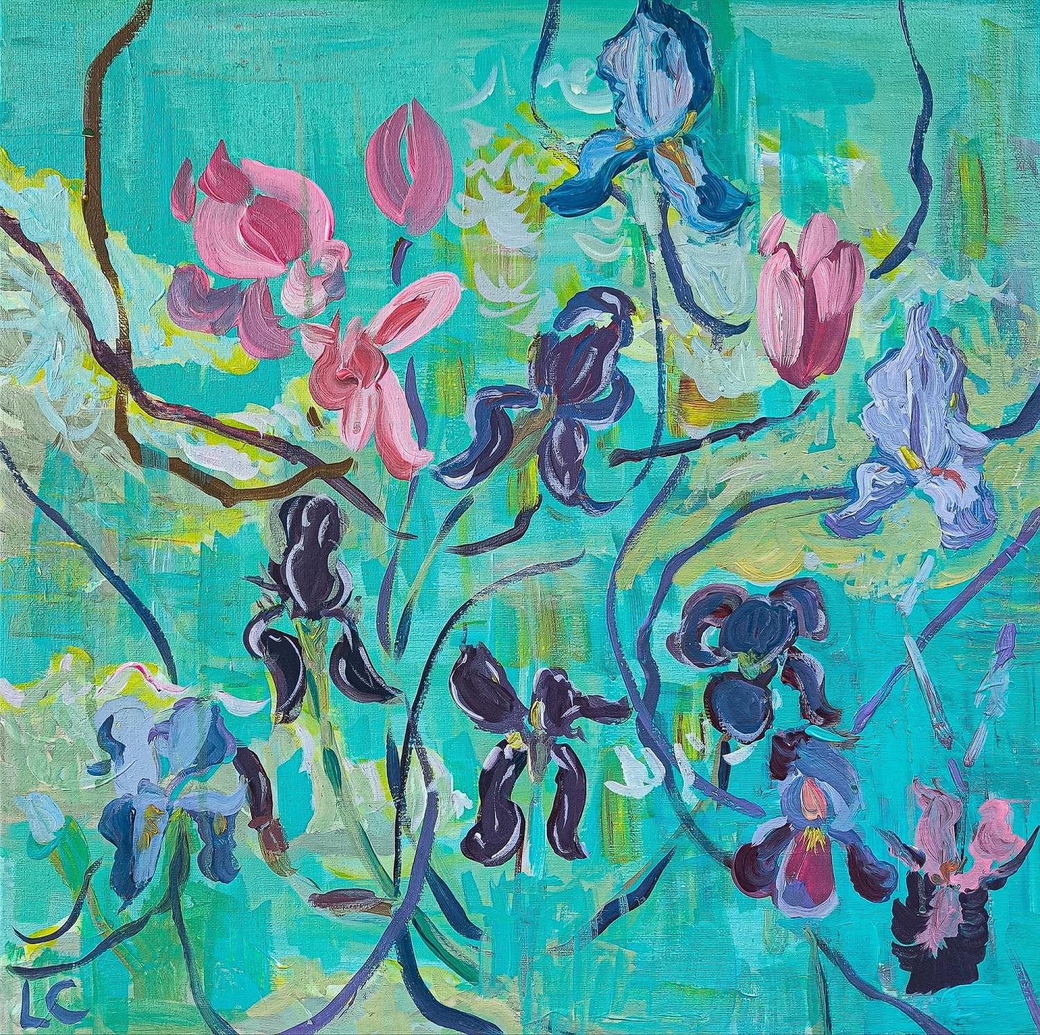 Magnolia Forever I & Iris bloom too - Painting by  Linda Clerget