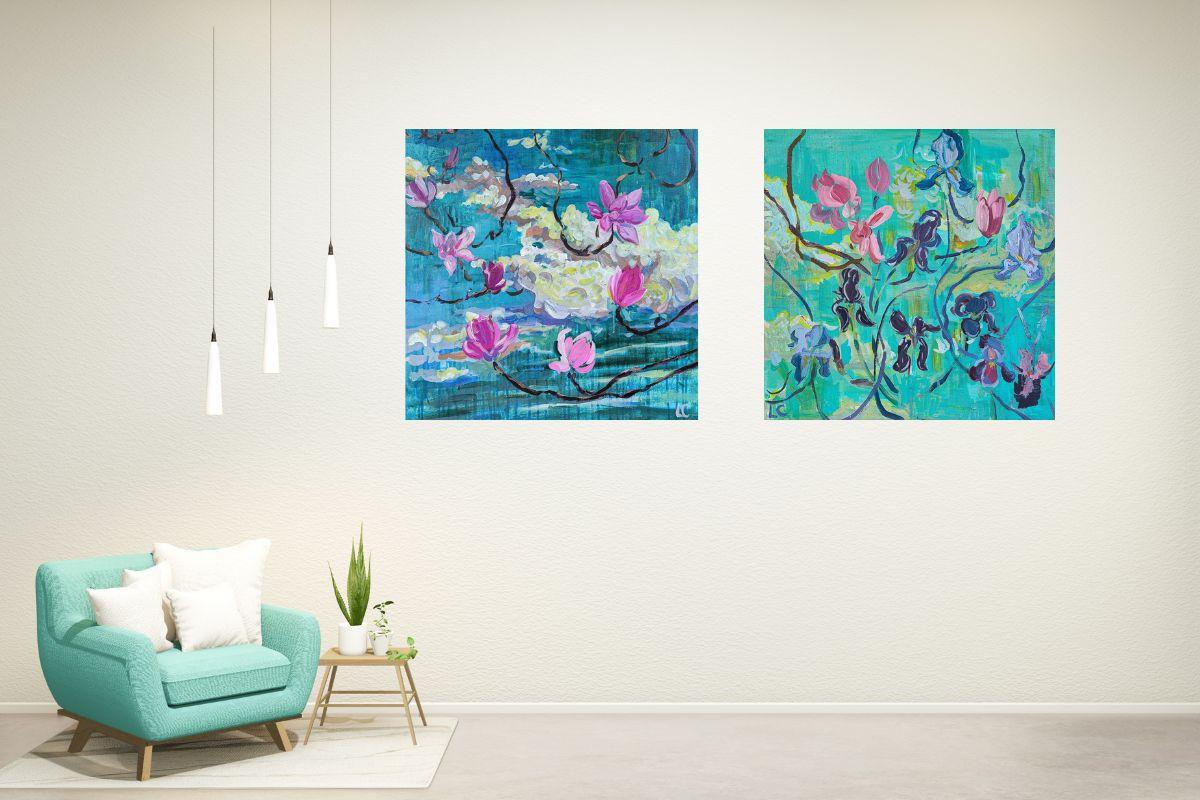  Linda Clerget Abstract Painting – Auch die Magnolie Forever I und Iris blühen auf