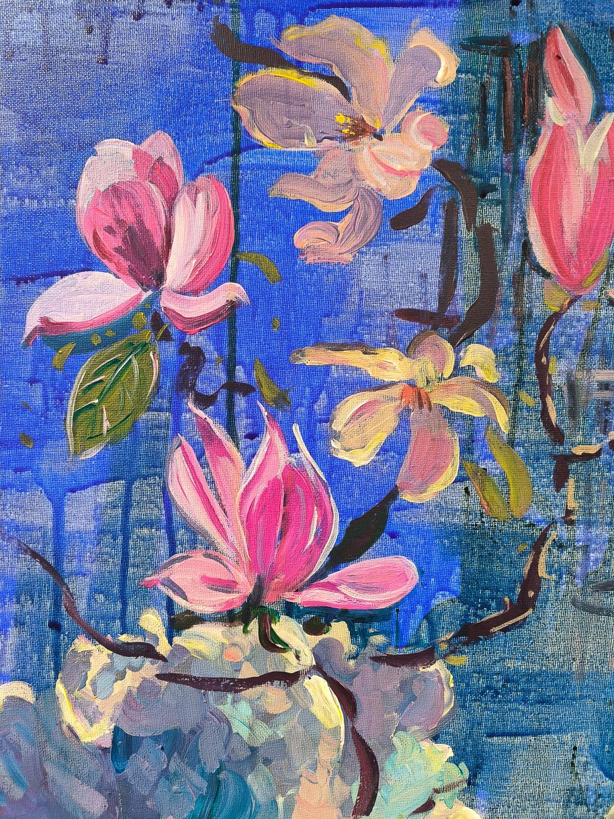 Magnolia Forever II - Violet Abstract Painting par  Linda Clerget