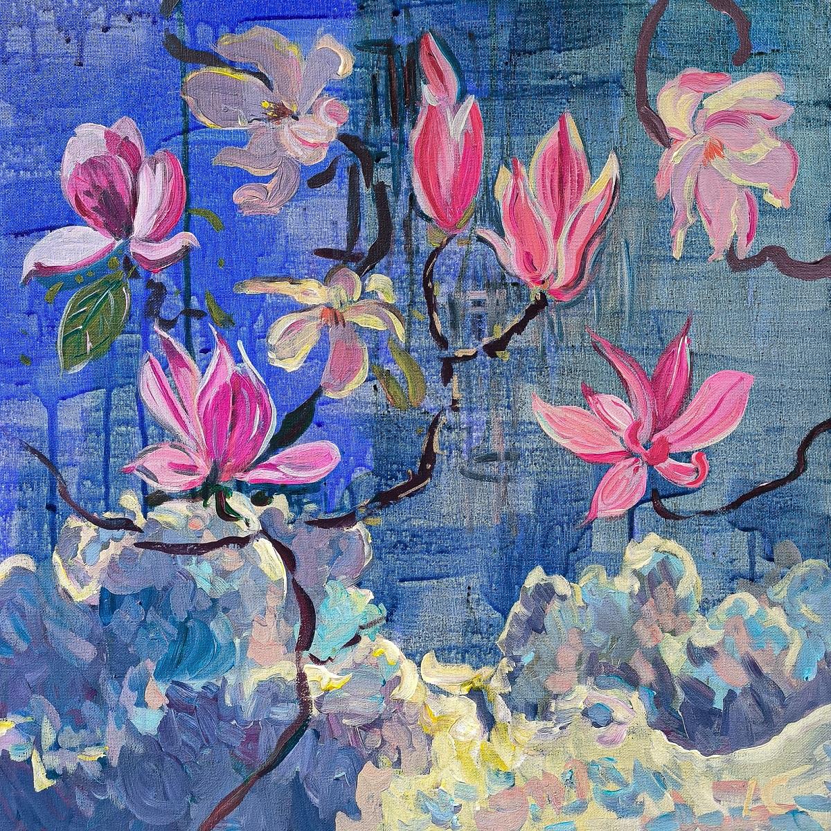 Magnolia Forever II & Iris bloom too - Fauvist Painting by  Linda Clerget
