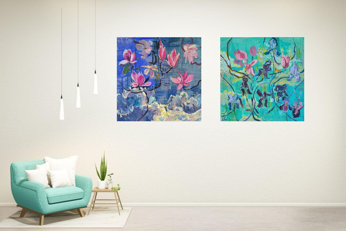  Linda Clerget Abstract Painting – Auch die Magnolie Forever II und die Iris blühen auf