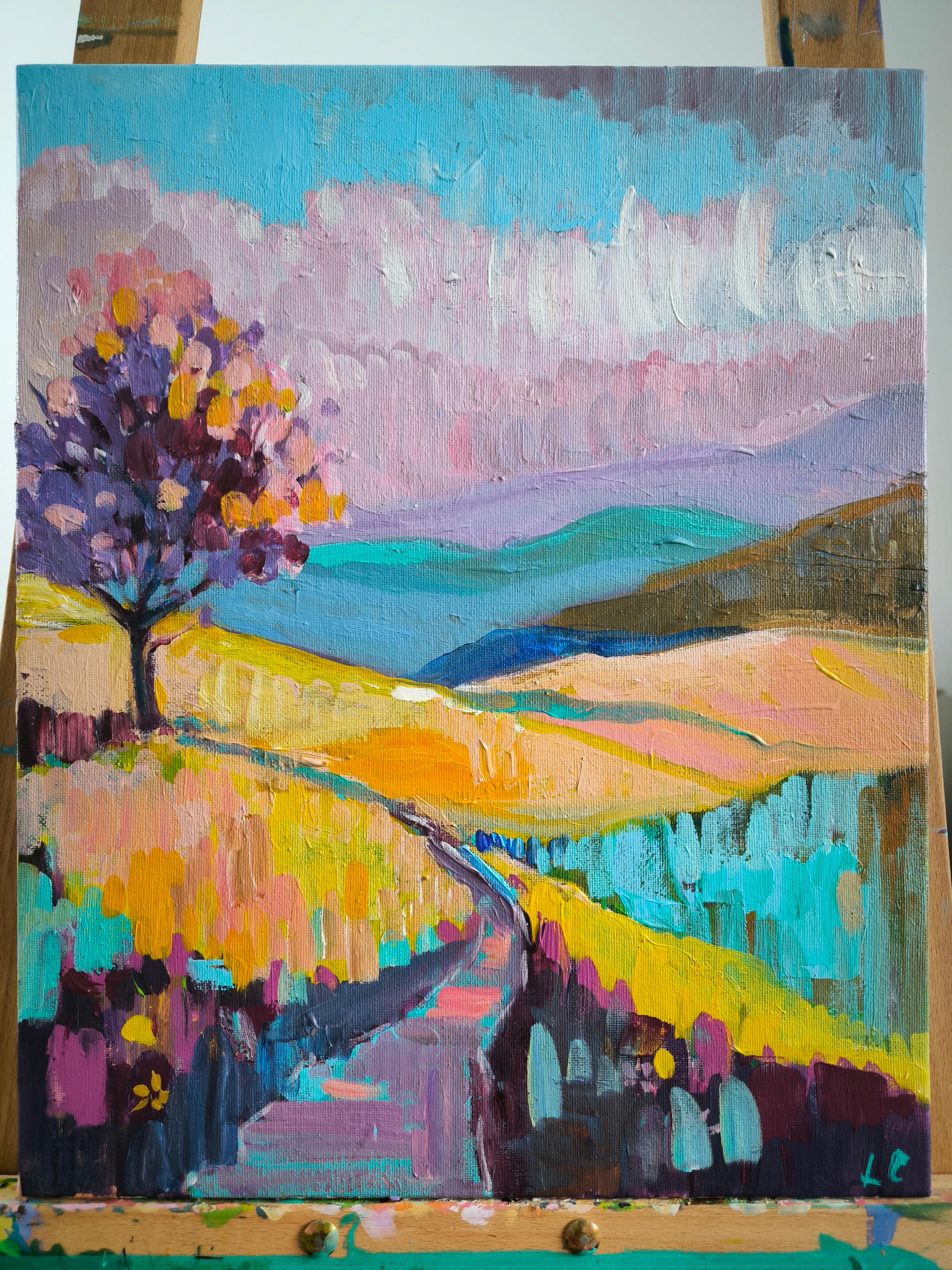 Pastel Mountains - Abstract Impressionist Painting by  Linda Clerget