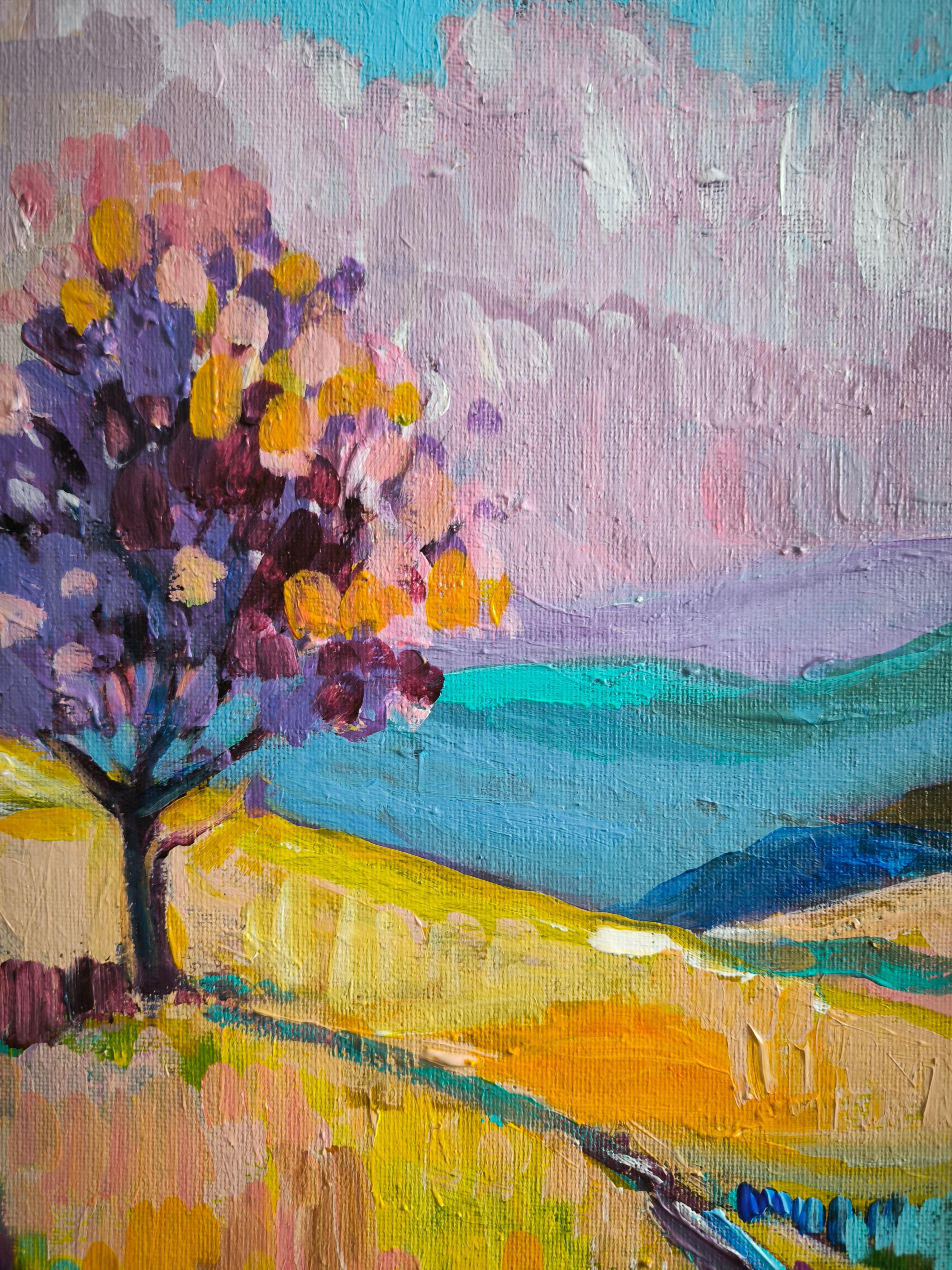 Pastel Mountains - Gray Landscape Painting by  Linda Clerget